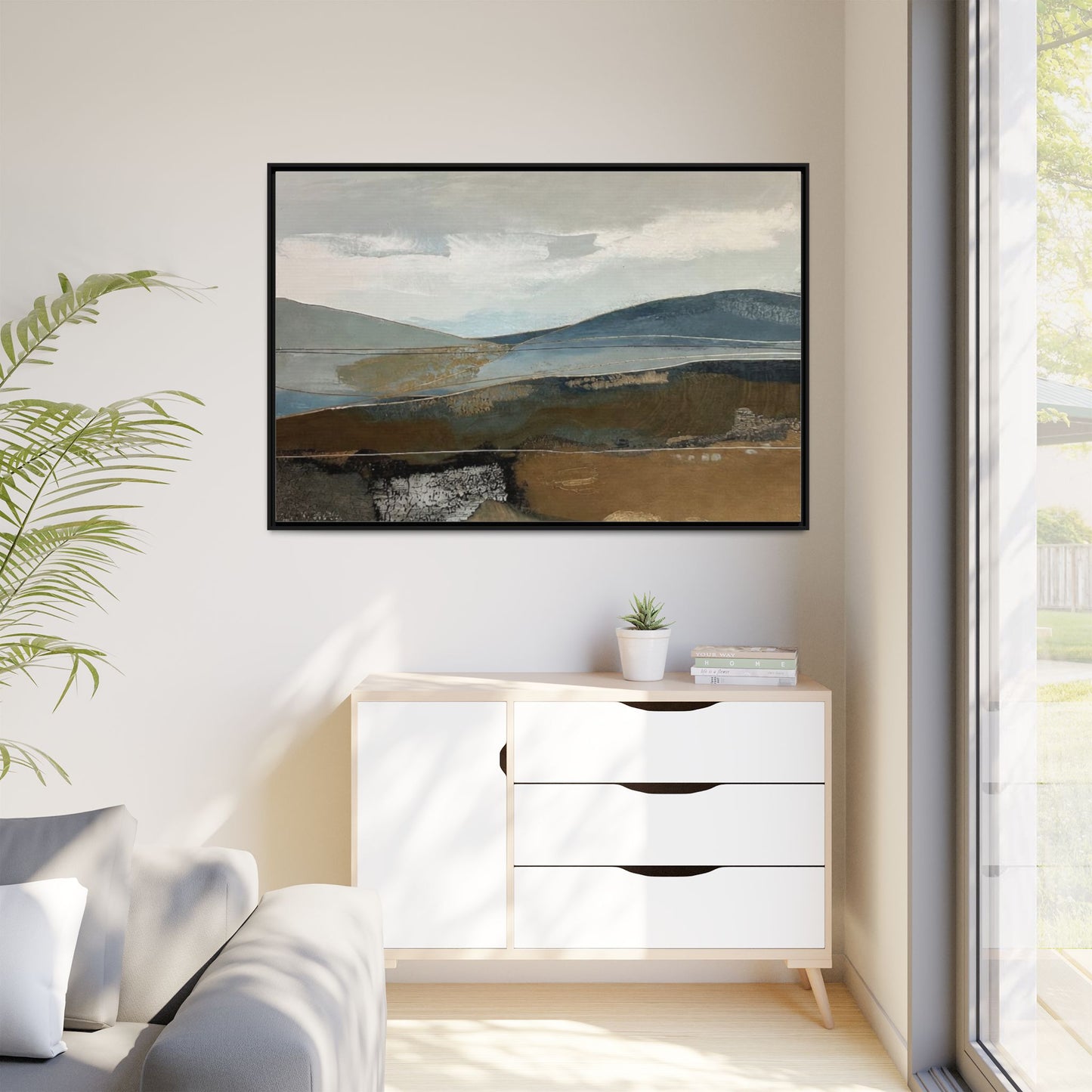 Framed Matte Canvas Landscape Art - Serene Abstract Hills in Blue & Earth Tones