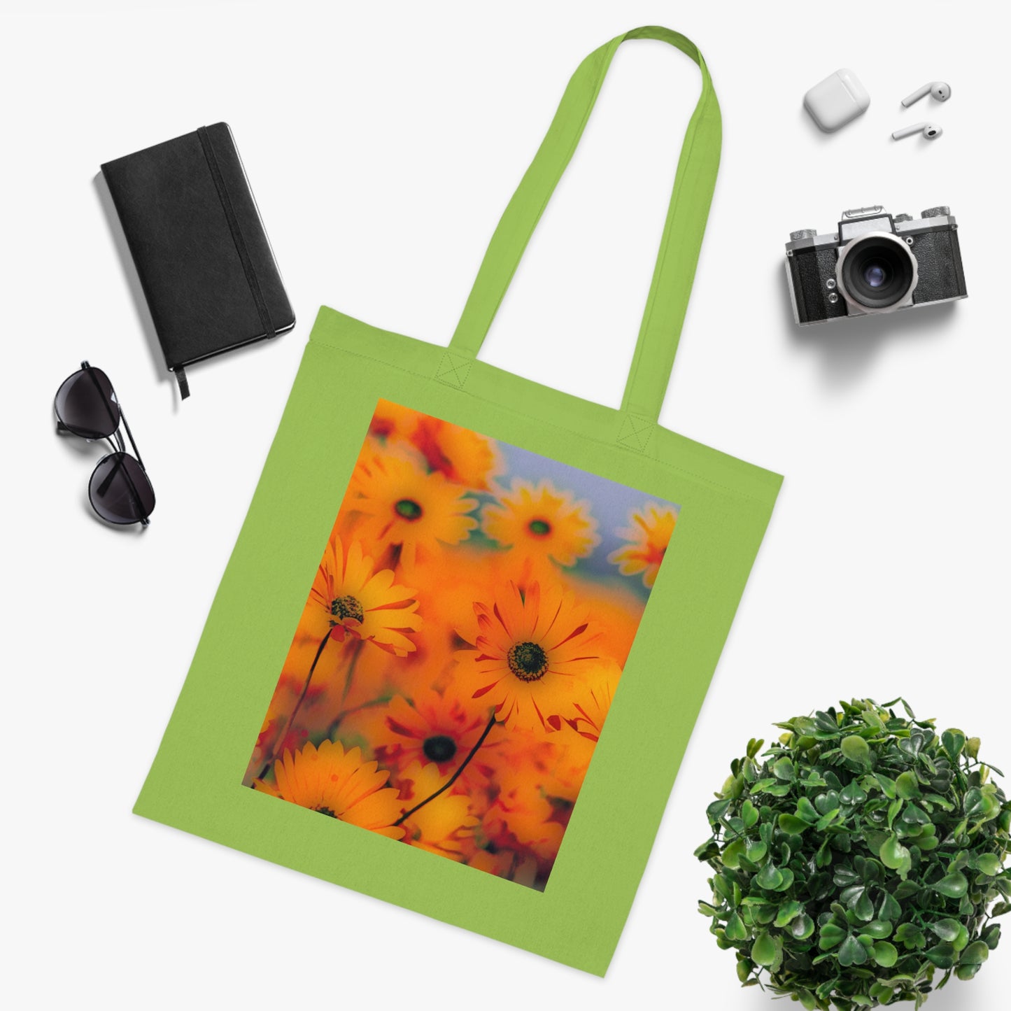 Floral Sunburst Cotton Tote — Bright Orange Daisy Print