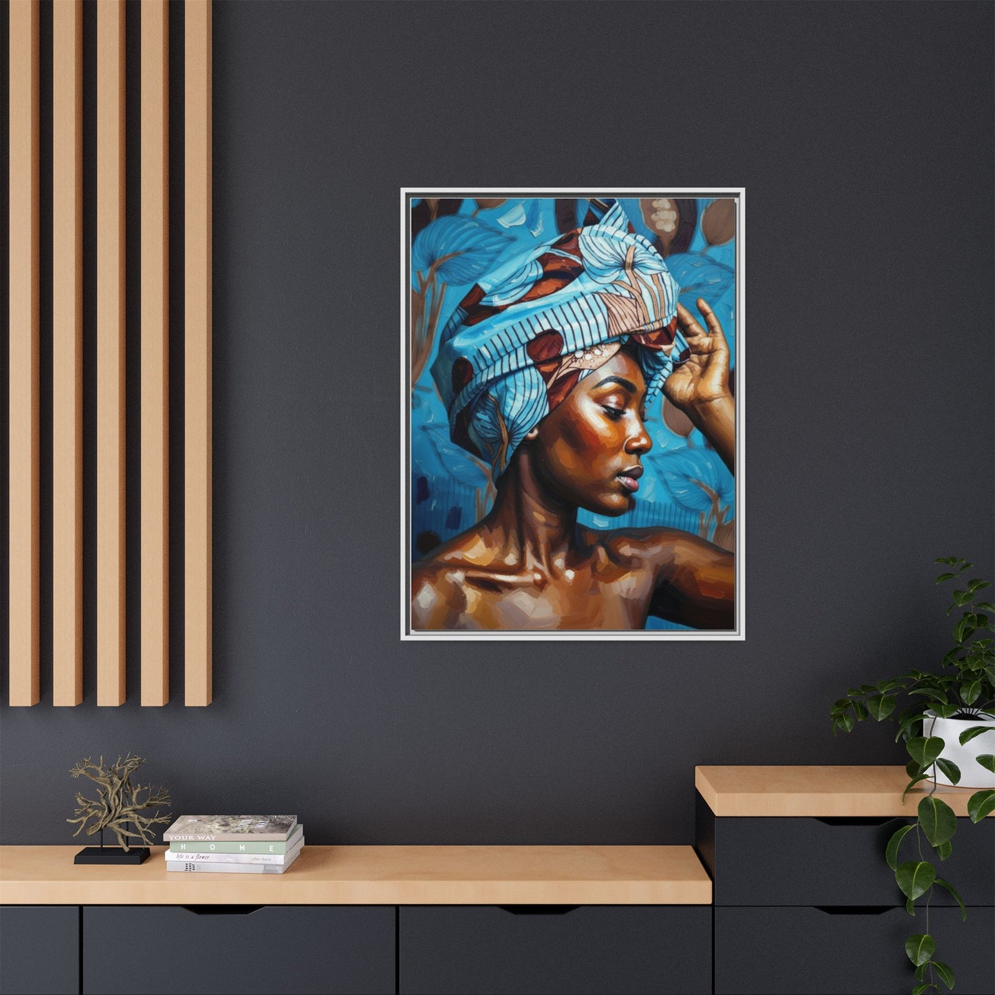 Framed Canvas Art — Portrait of Woman in Blue Headwrap