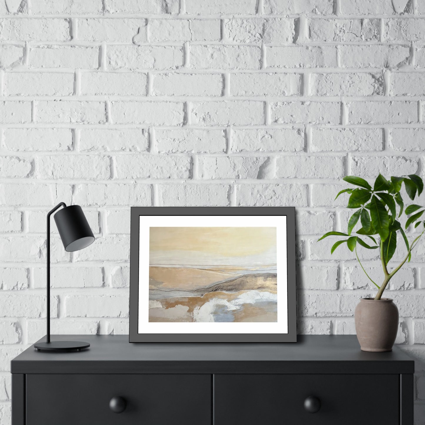 Abstract Coastal Landscape Framed Paper Poster — Neutral Beige Blue Wall Art