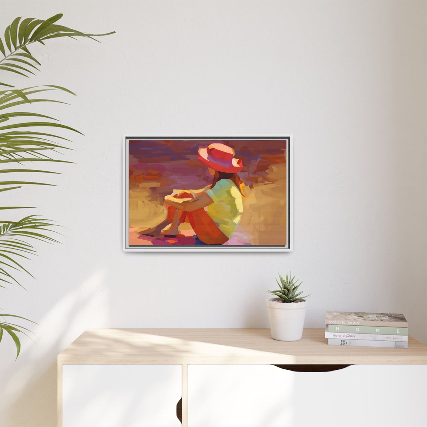 Framed Matte Canvas — Colorful Seated Girl Beach Art