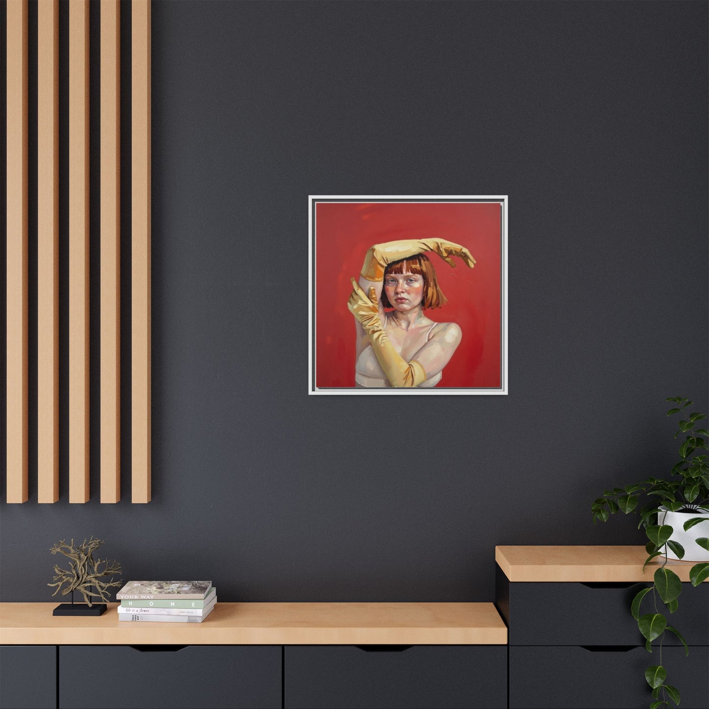 Framed Matte Canvas Art - Portrait of Woman in Yellow Gloves (Red Background)