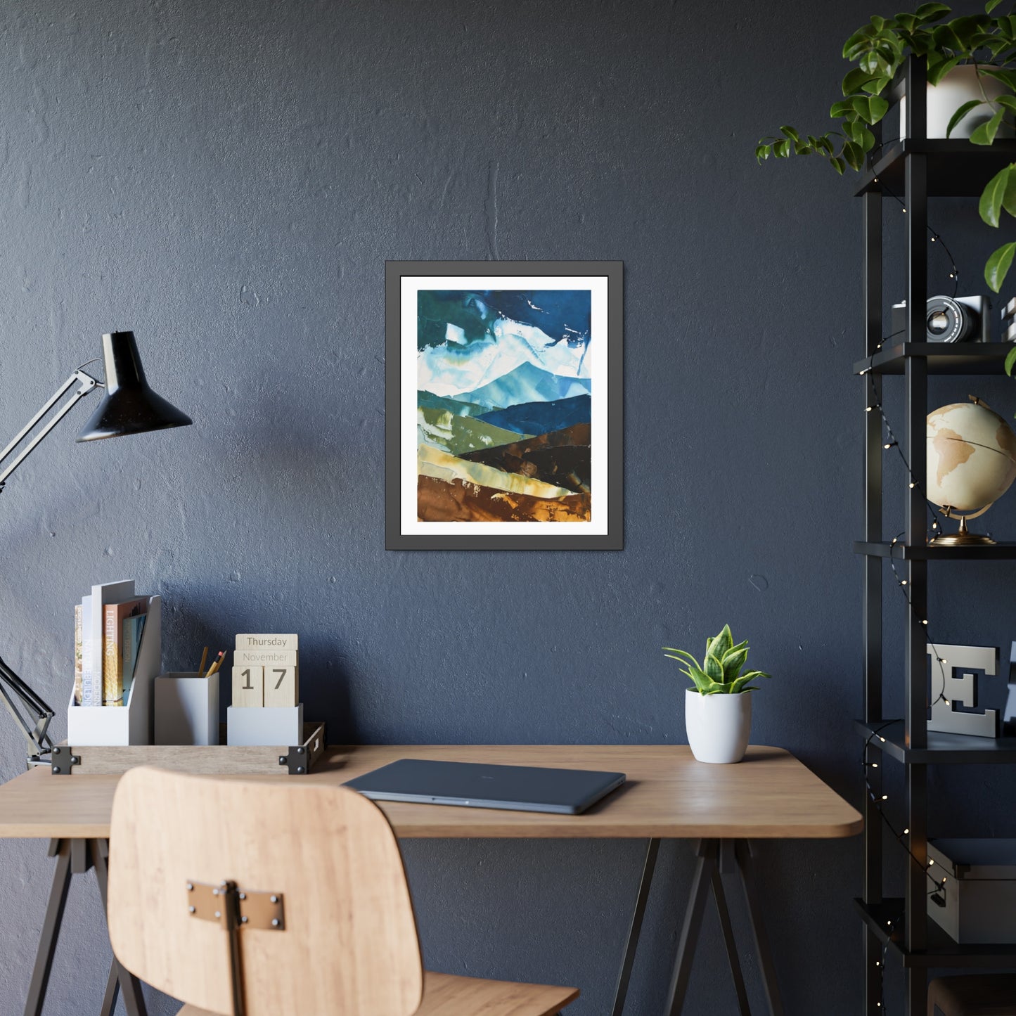 Framed Abstract Mountain Art Print – Blue & Earthtone Layered Landscape Poster