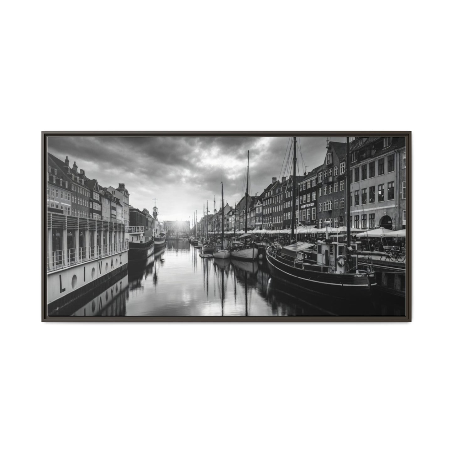 Framed Matte Canvas: Black & White Dutch Canal Photography Wall Art