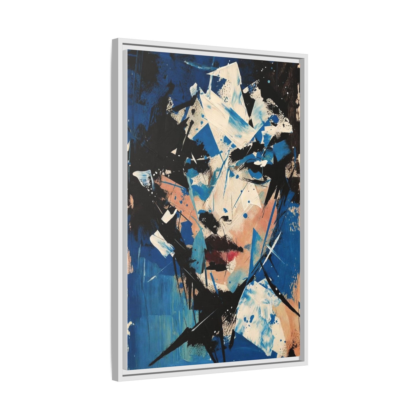 Abstract Portrait Matte Canvas Framed Wall Art — Blue Mixed-Media Face Print