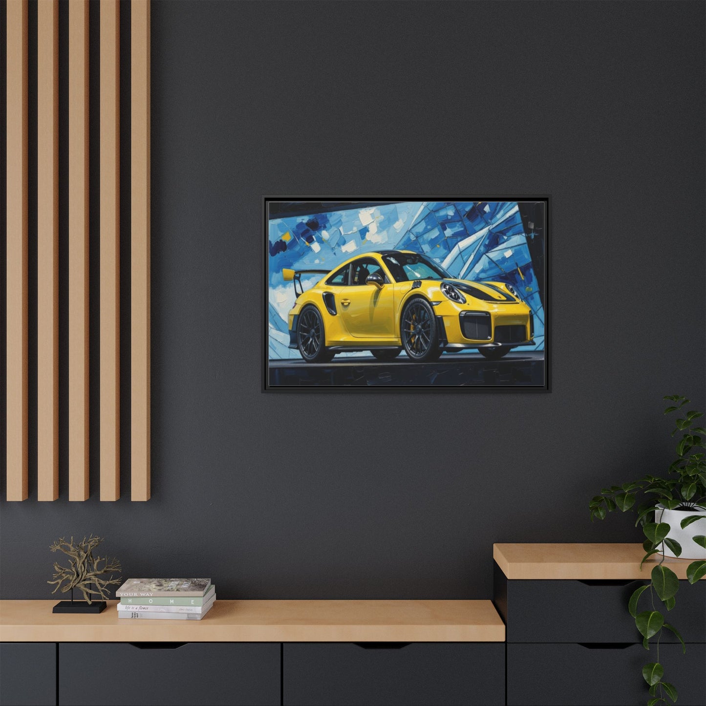 Yellow Porsche Sports Car Matte Framed Canvas – Modern Automotive Wall Art
