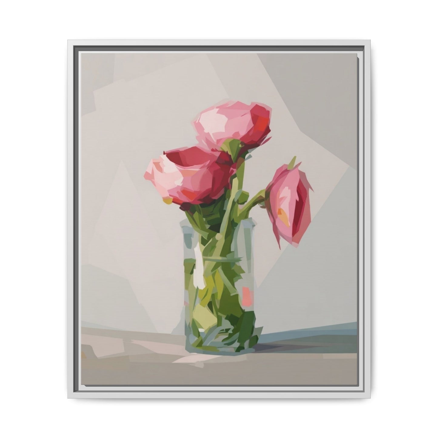 Framed Canvas Art — Pink Roses in Vase, Modern Floral Wall Print