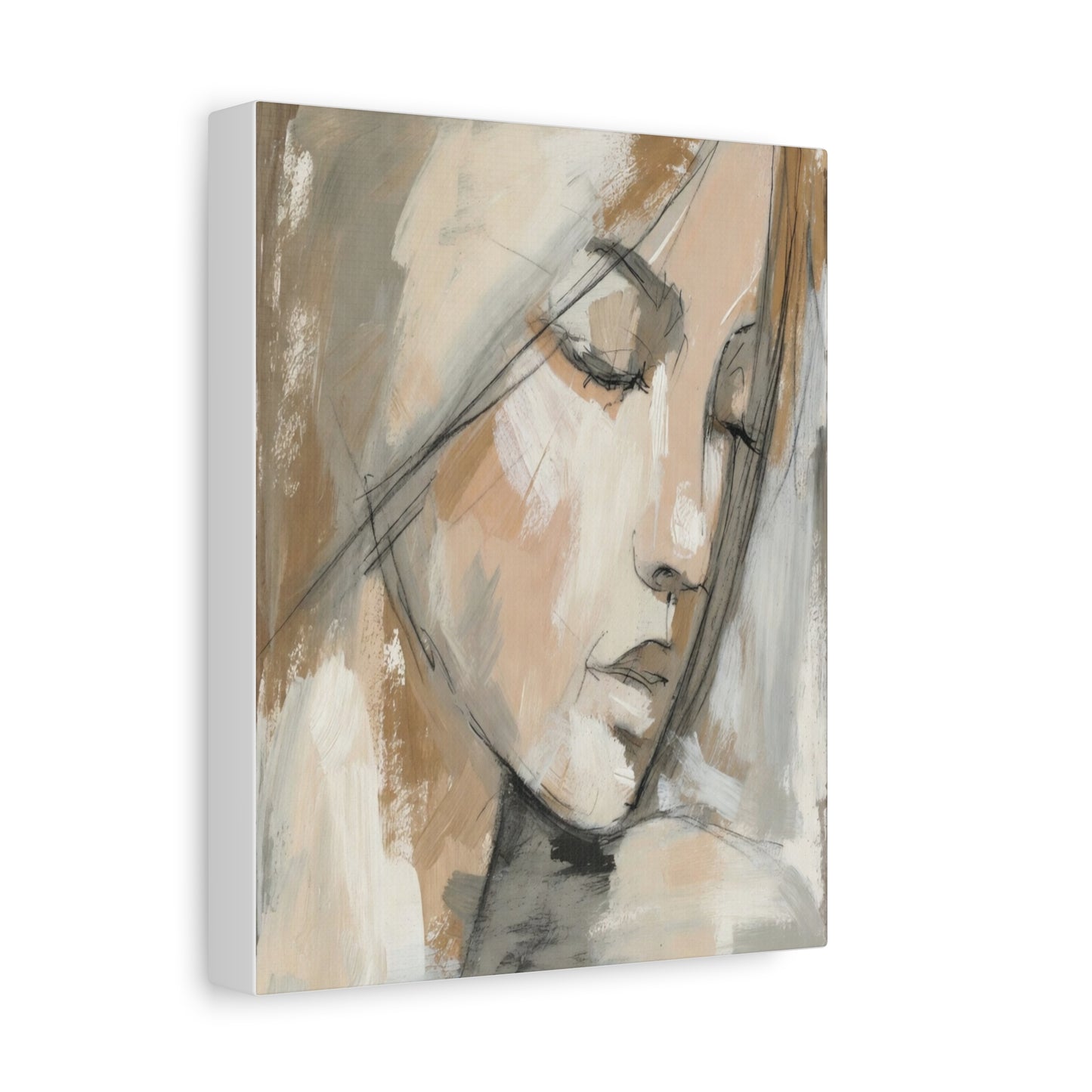 Serene Woman Portrait Matte Canvas Wall Art — Neutral Abstract Face Painting