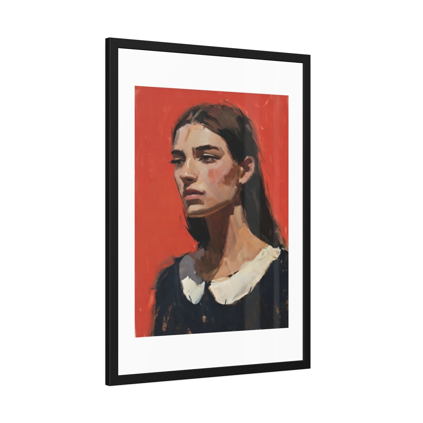 Framed Art Print — Distant Woman Portrait Painting on Red Background