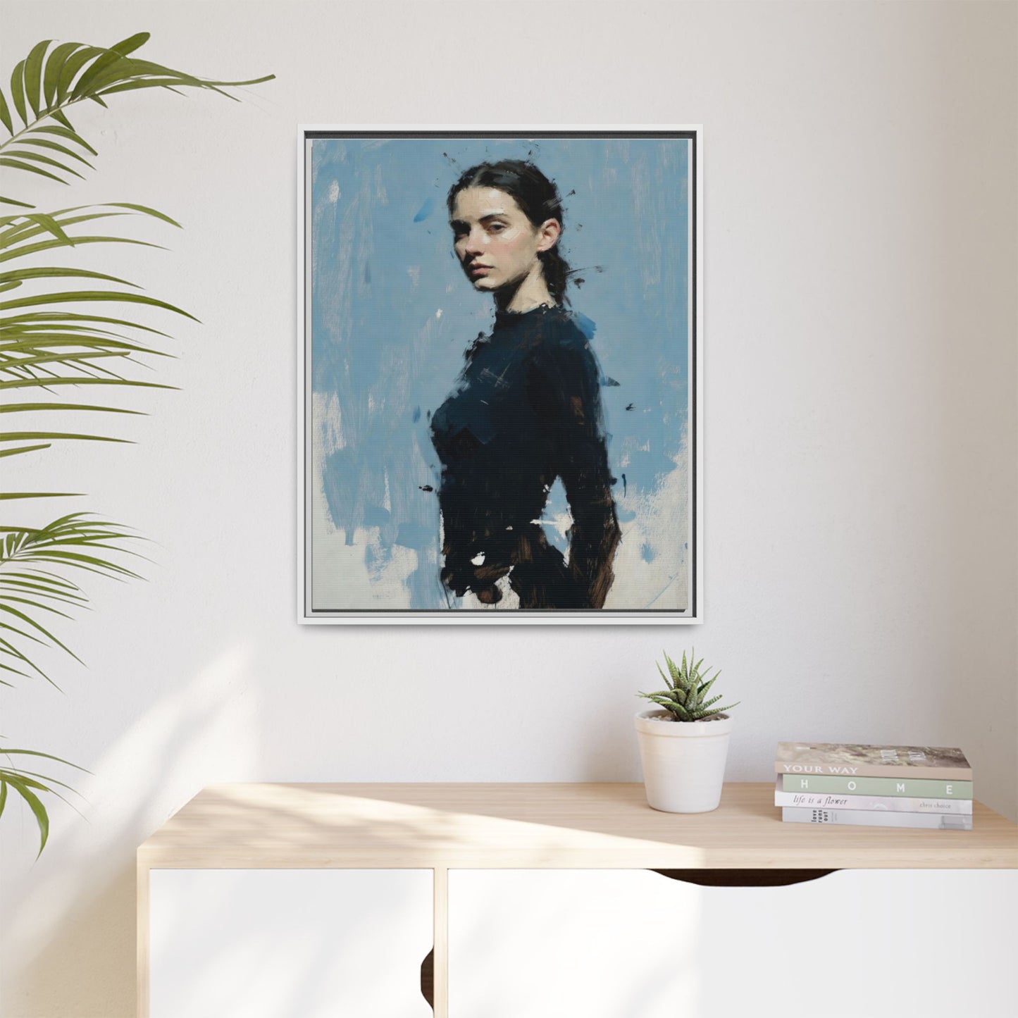 Framed Matte Canvas Portrait Print — Elegant Blue Woman Art