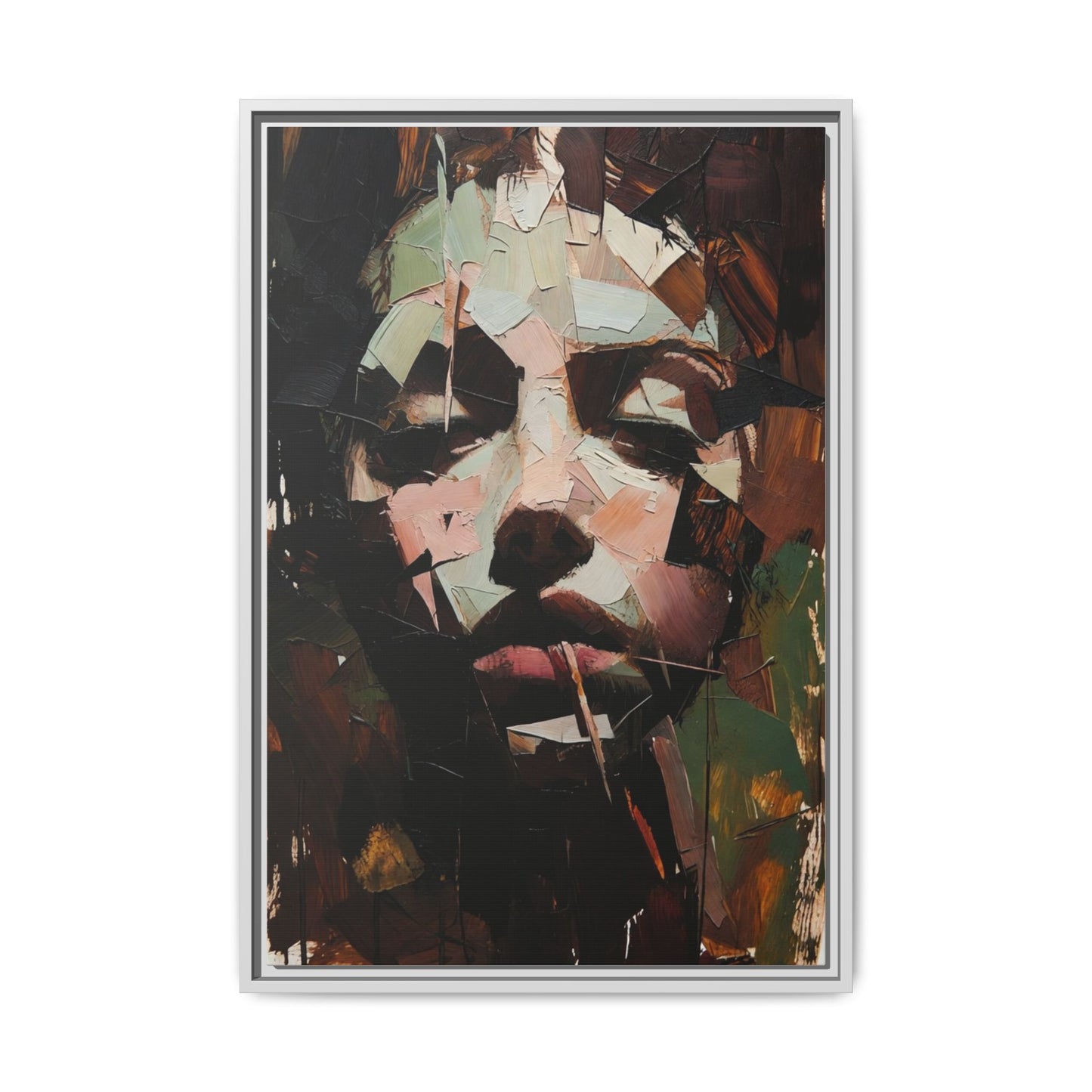 Matte Framed Canvas Art — Abstract Female Portrait, Moody Multicolor