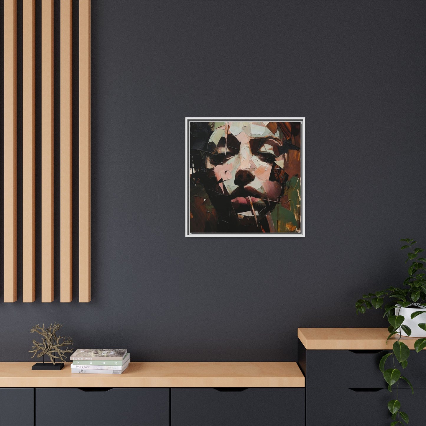 Matte Framed Canvas Art — Abstract Female Portrait, Moody Multicolor