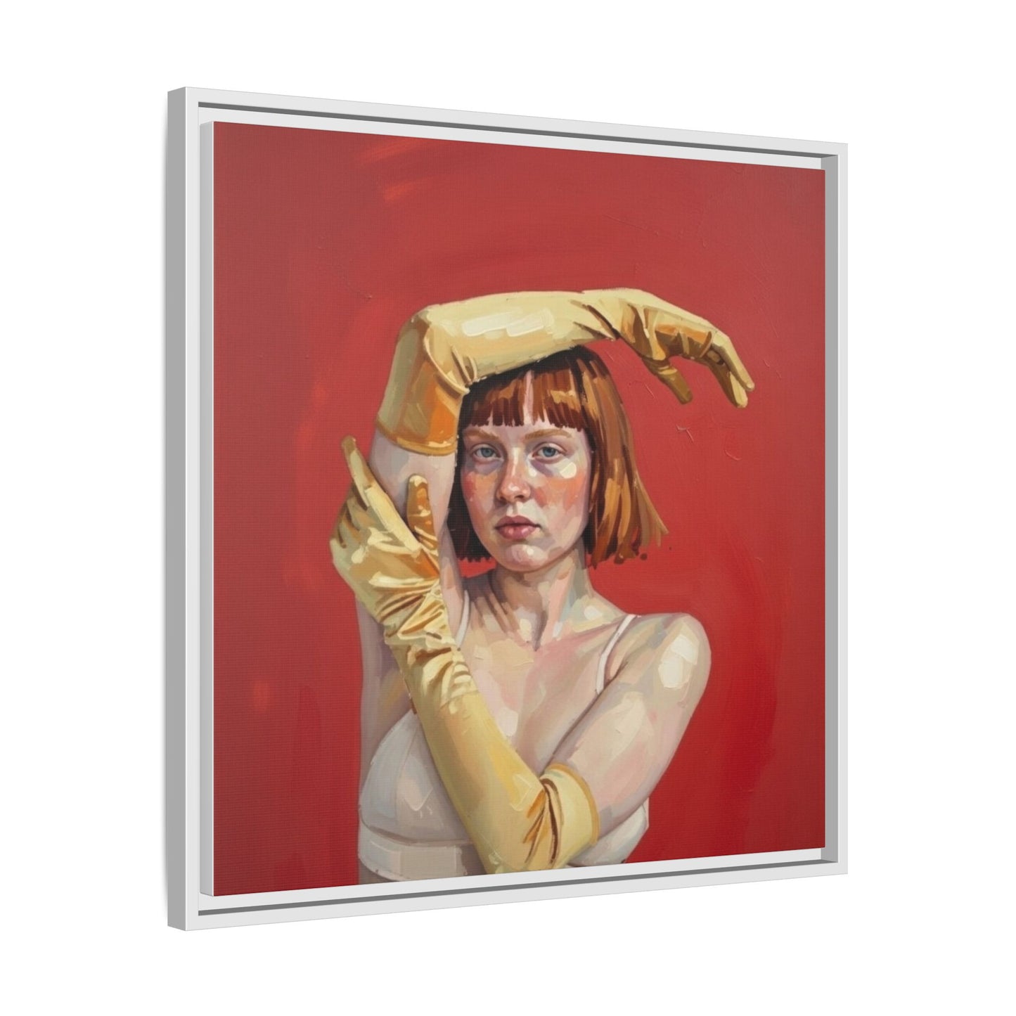 Framed Matte Canvas Art - Portrait of Woman in Yellow Gloves (Red Background)