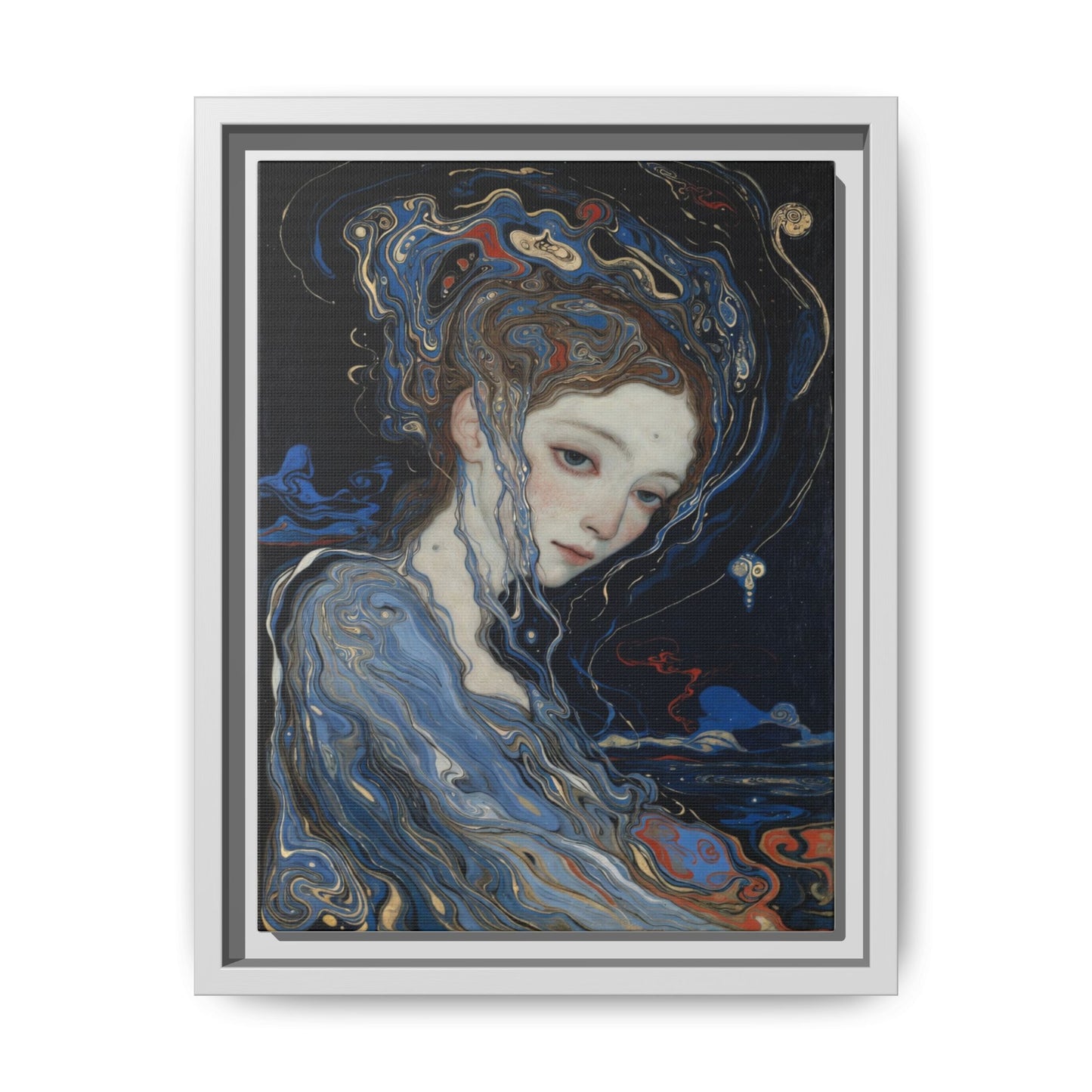 Framed Matte Canvas Art Print — Surreal Blue Maiden Portrait