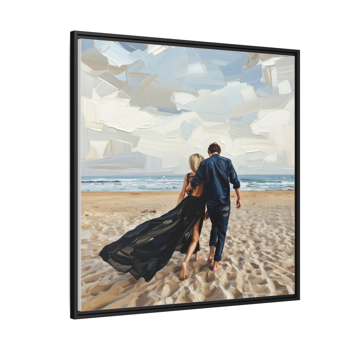 Framed Canvas Wall Art — Romantic Couple Walking on Beach Print
