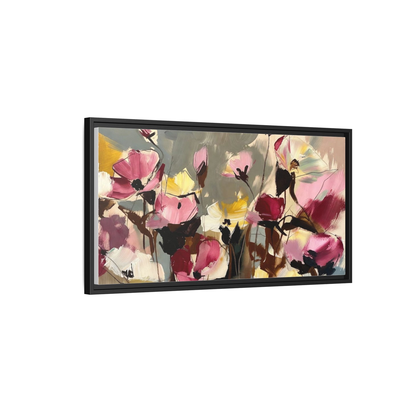 Framed Floral Canvas Wall Art — Abstract Pink & Yellow Flowers