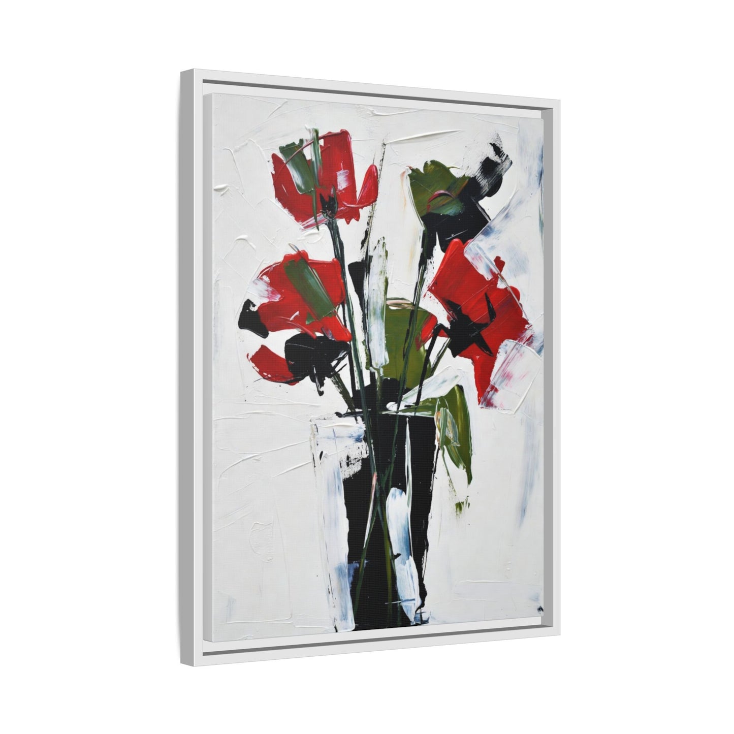 Framed Abstract Floral Canvas Print — Red Poppies in Black Vase