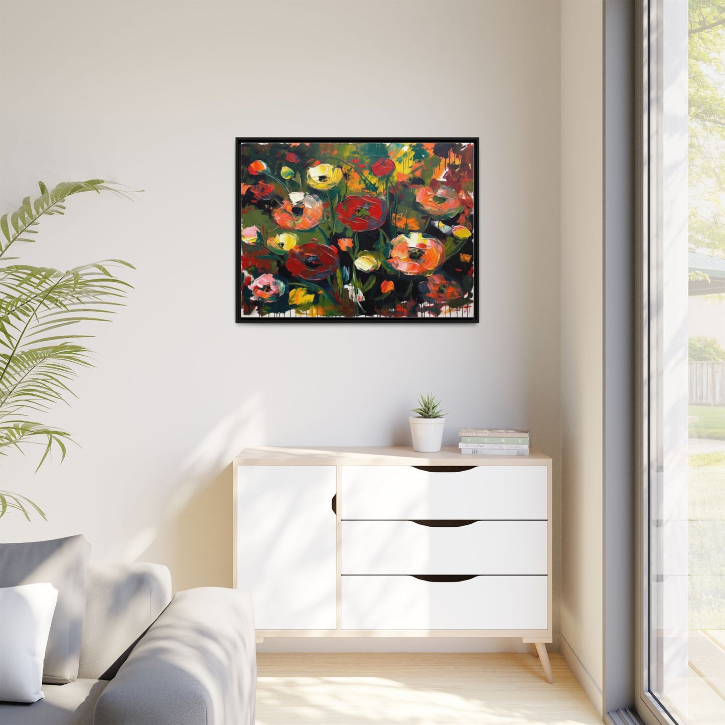 Framed Floral Canvas Print — Vibrant Abstract Poppies Wall Art