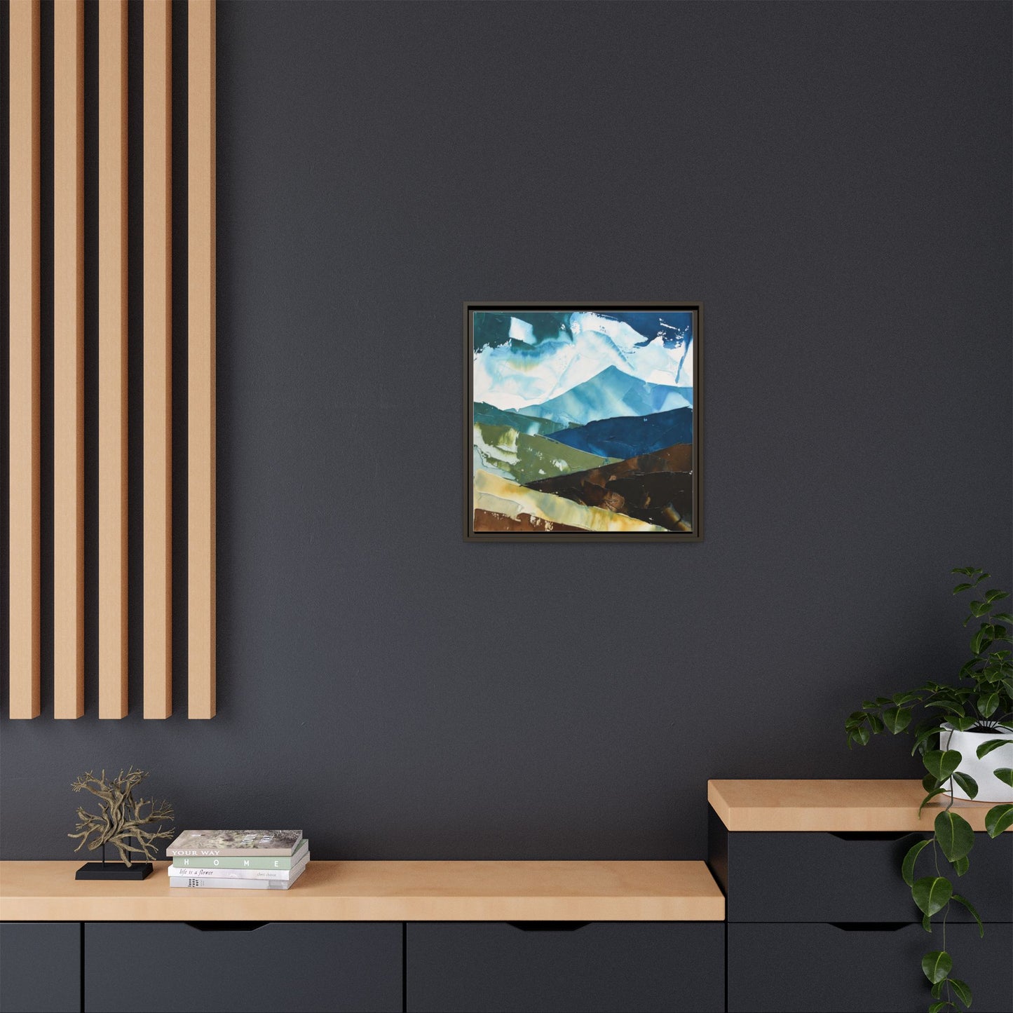 Framed Abstract Mountain Canvas Art — Blue & Earthtone Landscape Print