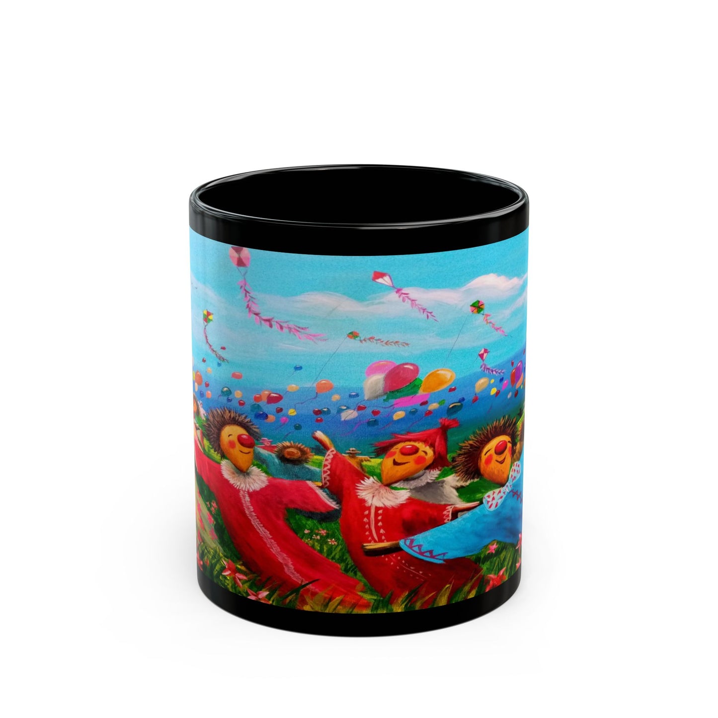 Black Ceramic Mug — Whimsical Kite Festival Art (11oz & 15oz)