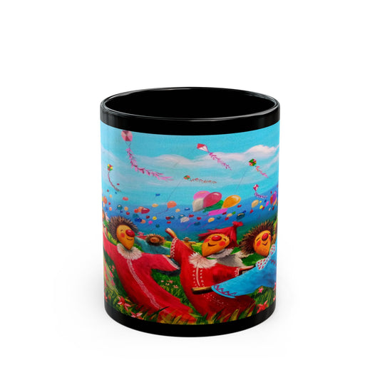 Black Ceramic Mug — Whimsical Kite Festival Art (11oz & 15oz)