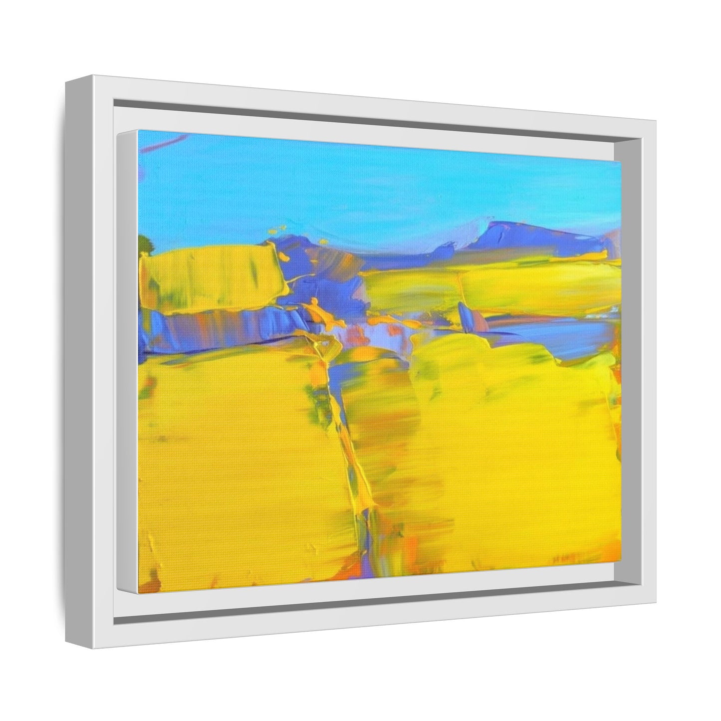Framed Matte Canvas  Vibrant Yellow Blue Abstract Landscape Art
