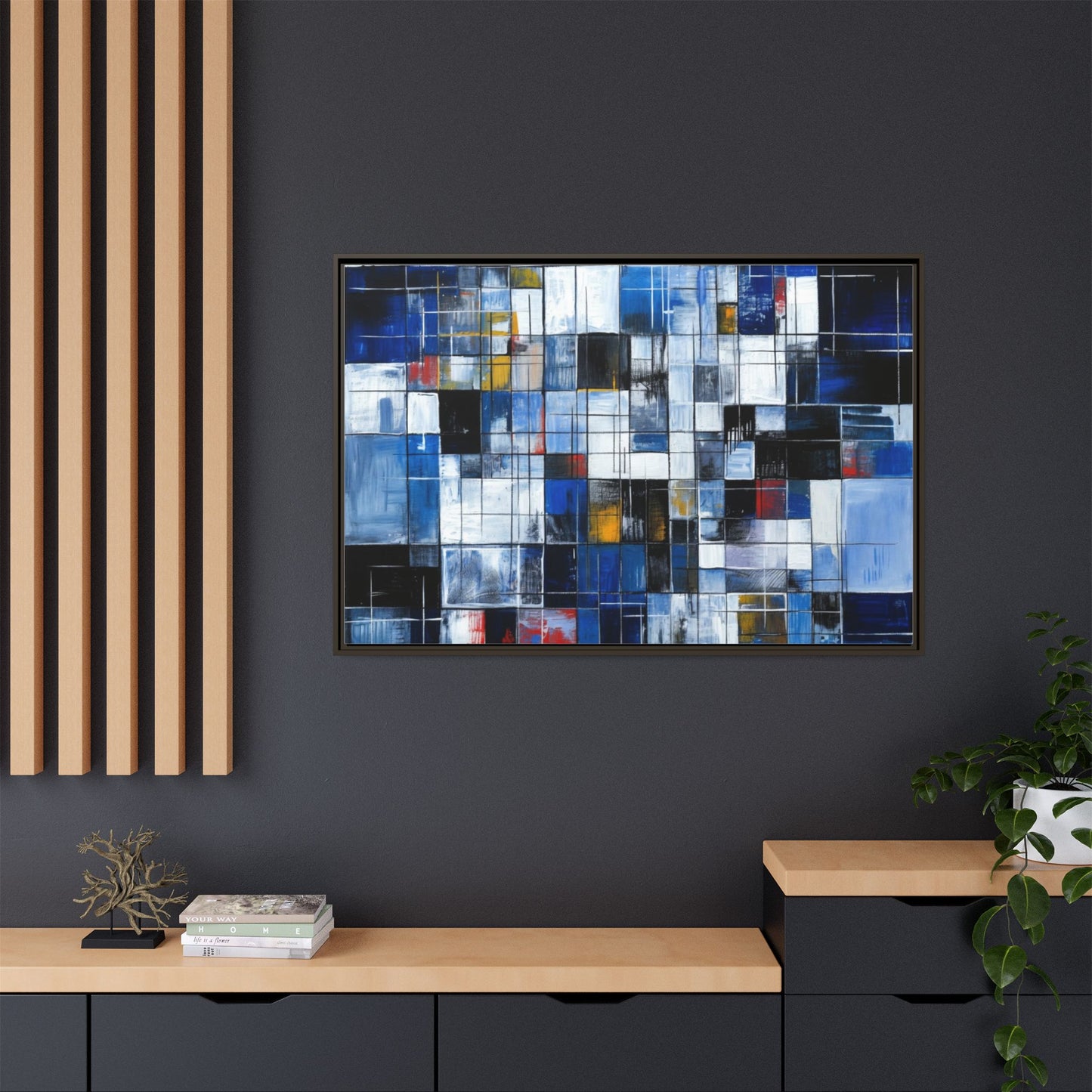 Abstract Blue Grid Matte Canvas Framed Art Print