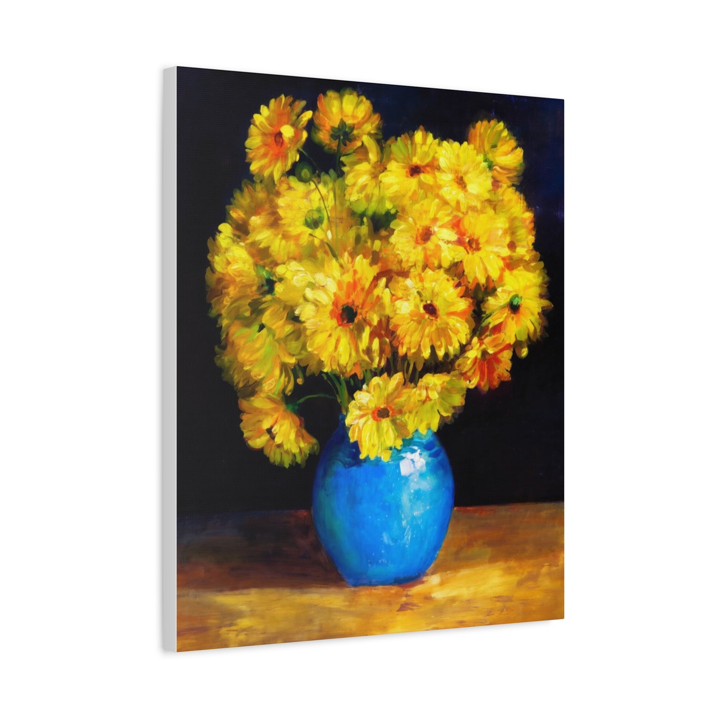 Yellow Chrysanthemum Canvas Wall Art — Blue Vase Floral Painting (Stretched Matte)