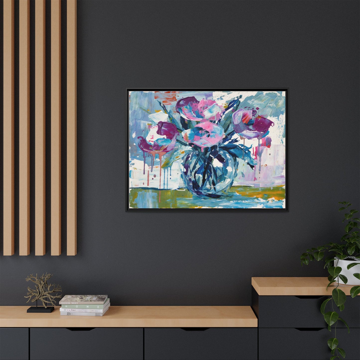 Framed Floral Canvas Art — Abstract Pink & Blue Bouquet