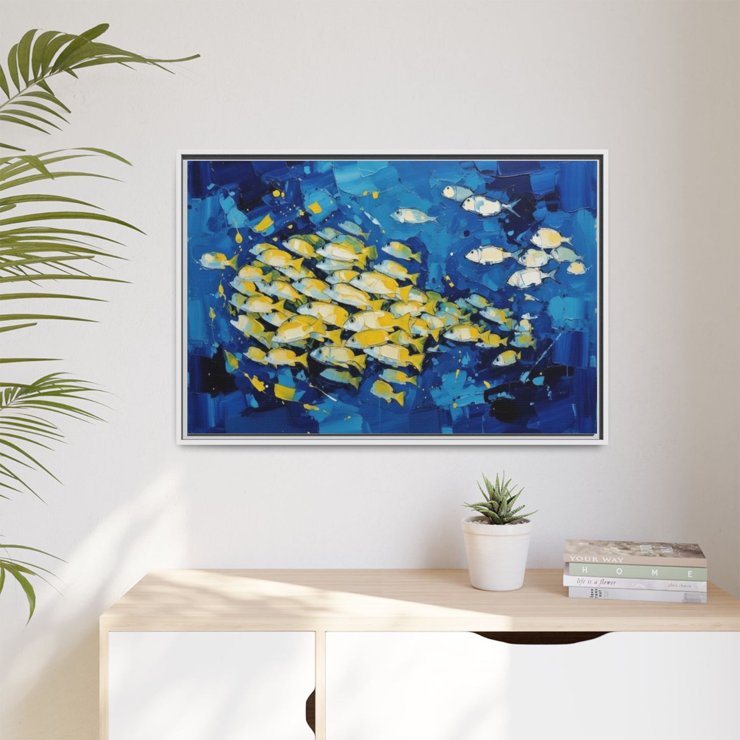 Framed Matte Canvas: Blue School of Fish Wall Art