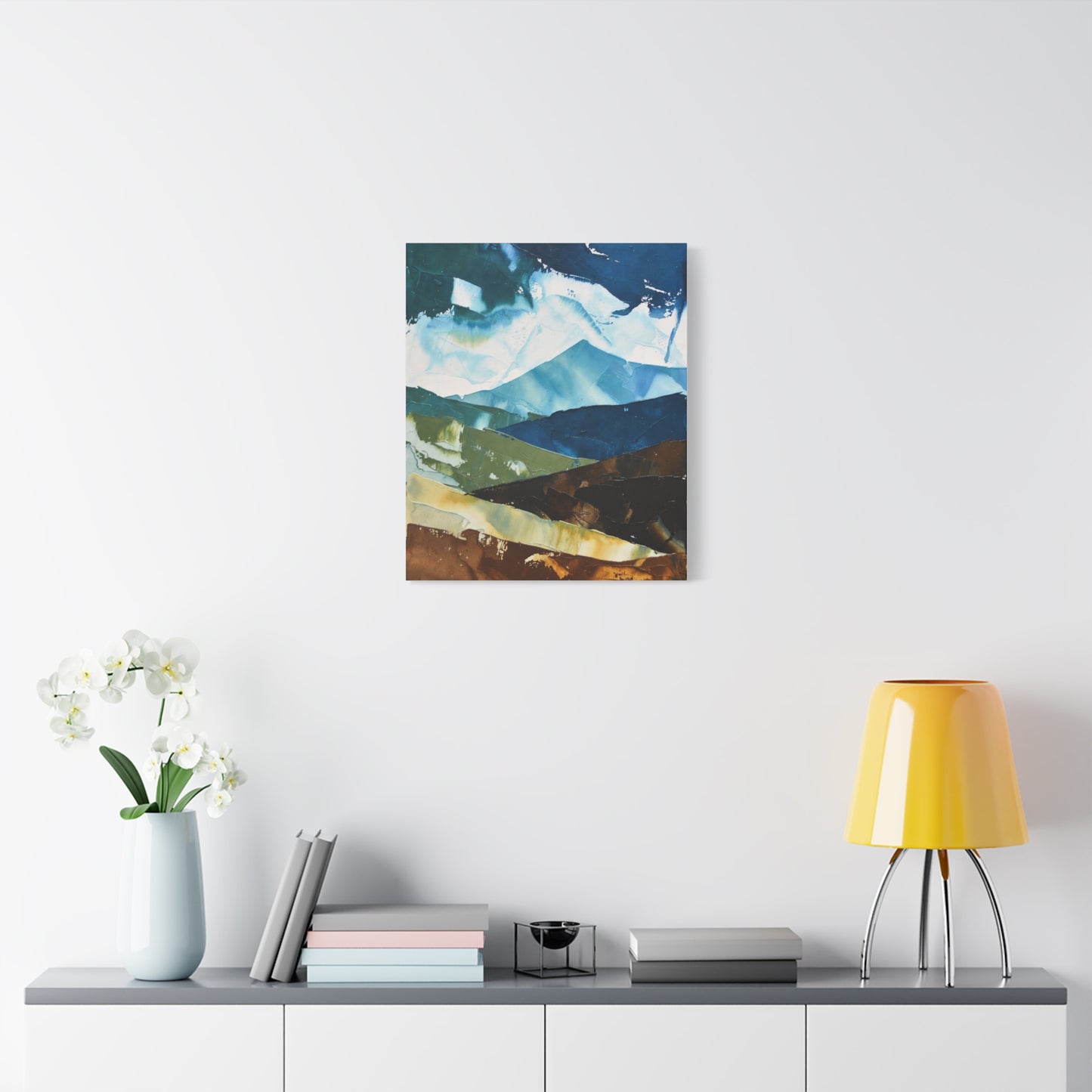 Abstract Mountain Landscape Matte Canvas Wall Art — Blue & Earth Tone Stretched Canvas