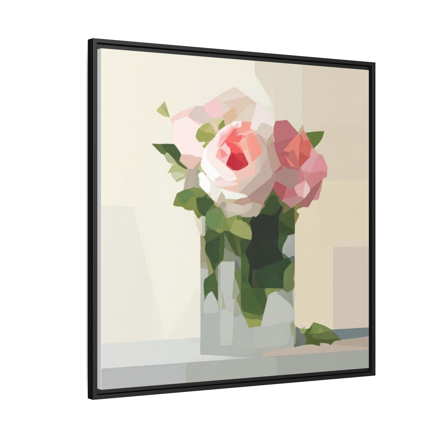 Framed Floral Canvas Print — Geometric Pink Rose Wall Art