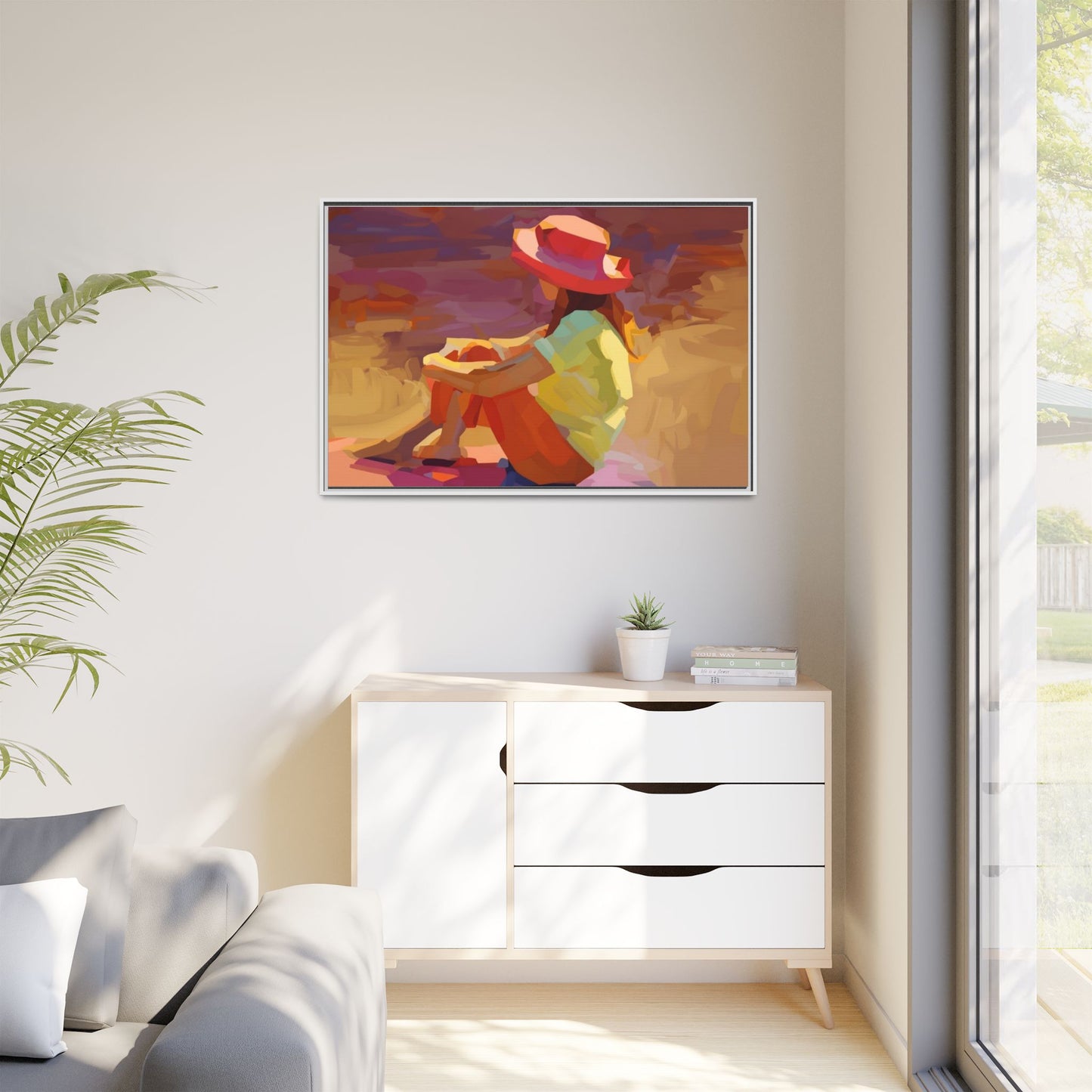 Framed Matte Canvas — Colorful Seated Girl Beach Art