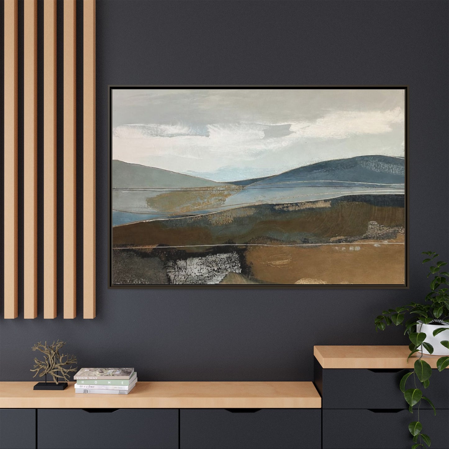 Framed Matte Canvas Landscape Art - Serene Abstract Hills in Blue & Earth Tones