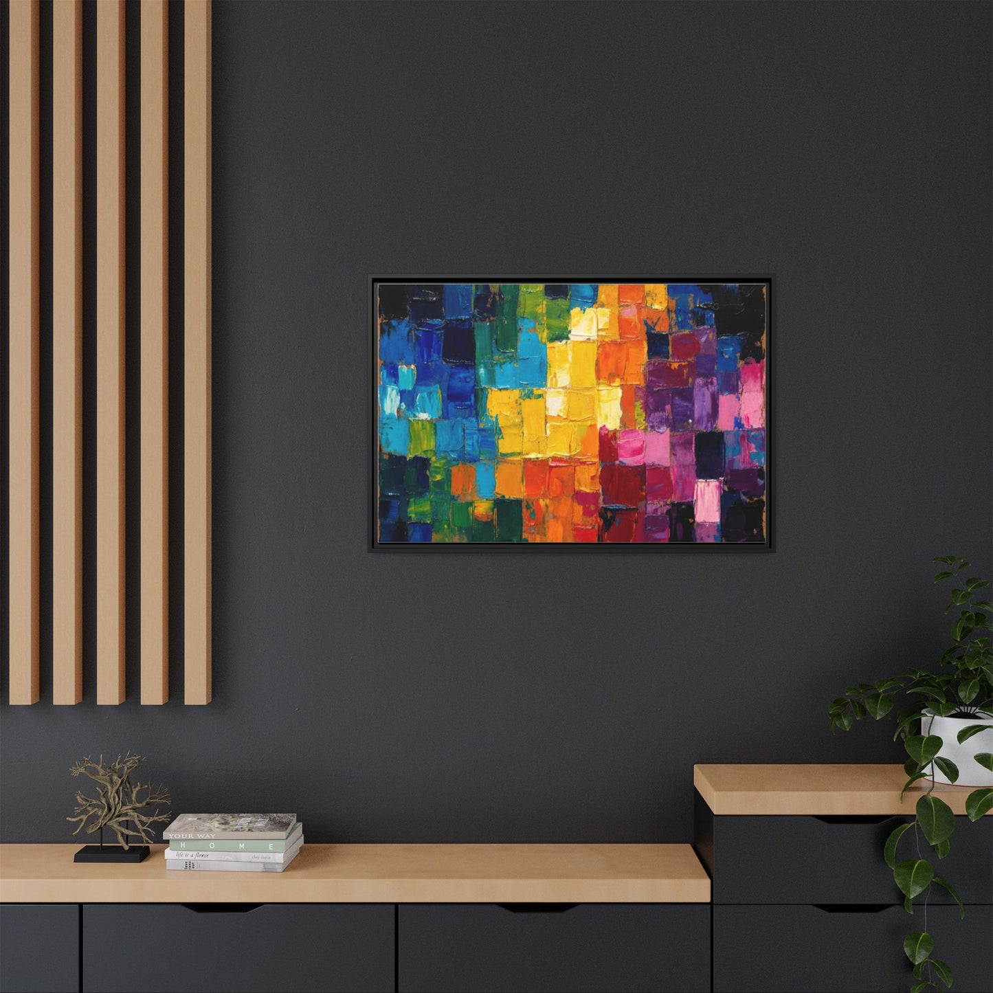 Abstract Rainbow Mosaic Framed Canvas Print — Colorful Modern Wall Art