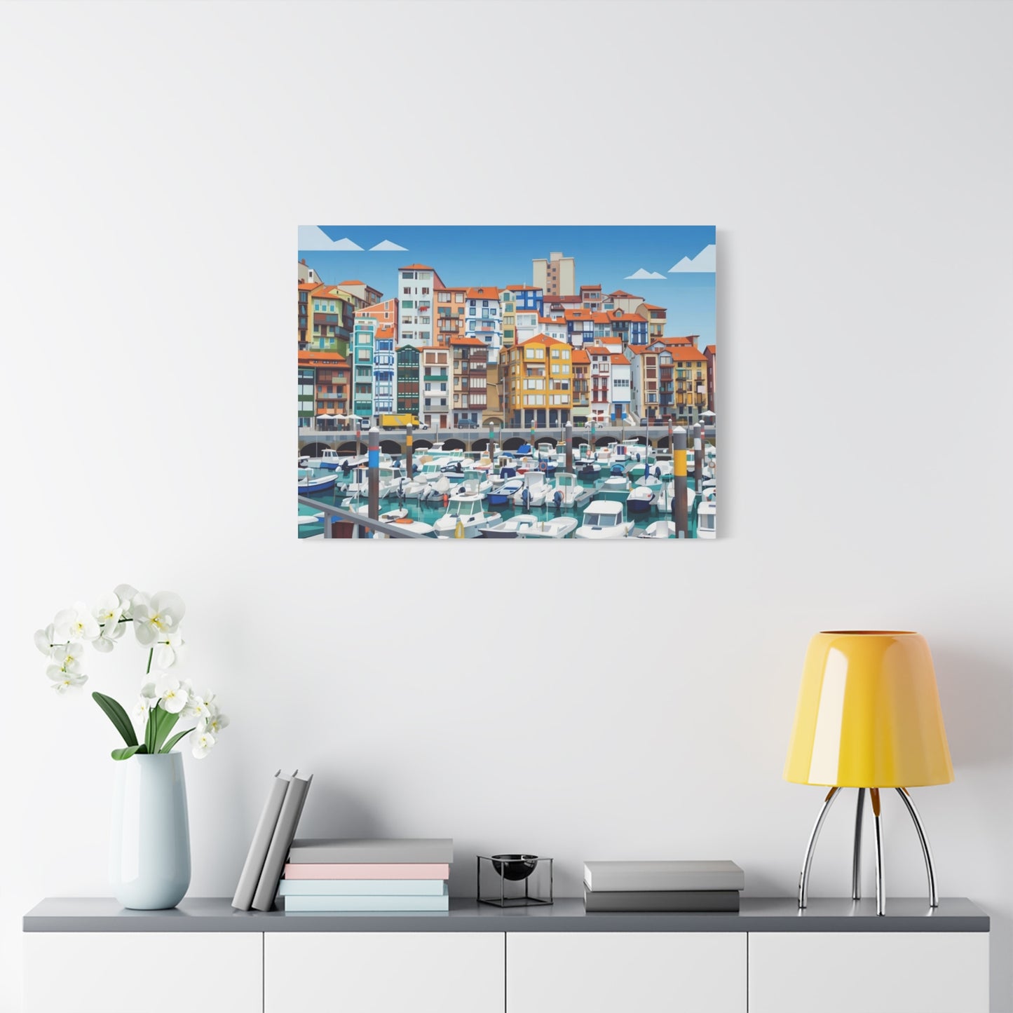 Colorful Coastal Harbor Matte Canvas Print — Stretched Wall Art