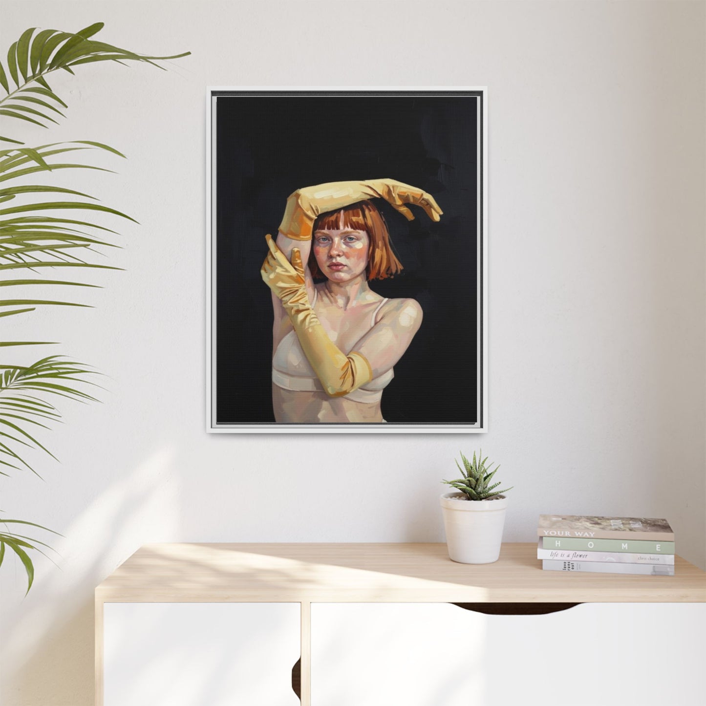 Framed Matte Canvas Art – Portrait of Woman in Yellow Gloves