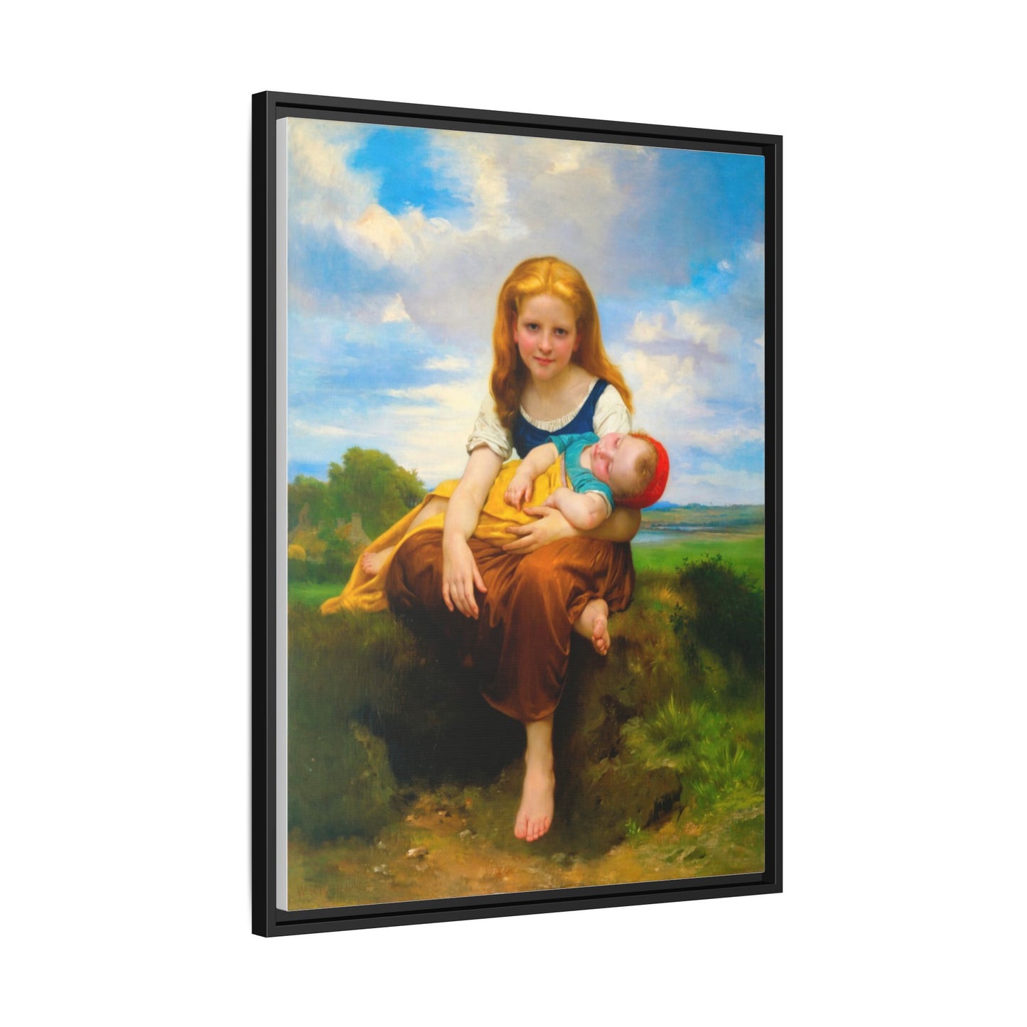 Young Girl Holding Sleeping Baby Canvas Print, Framed Wall Art
