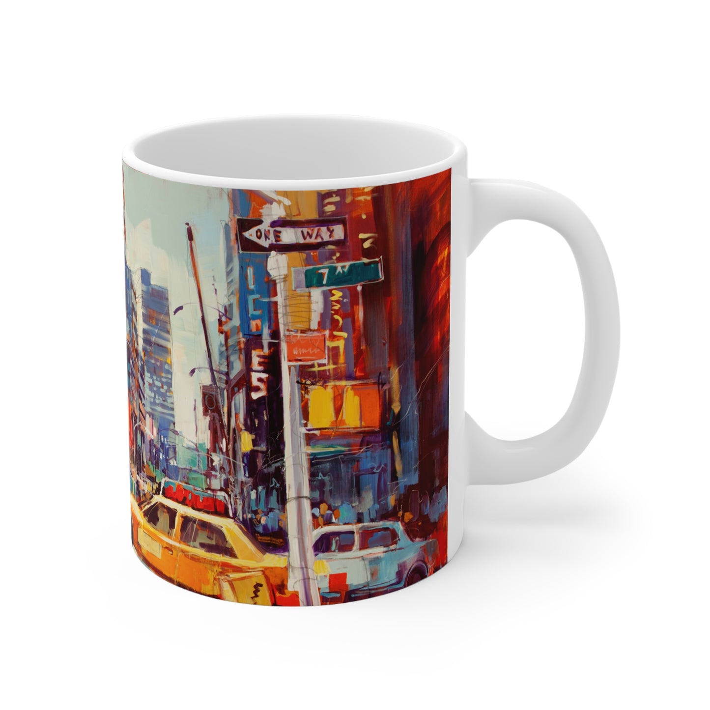 City Nights Coffee Mug — Vibrant Urban Taxi Street Art 11oz