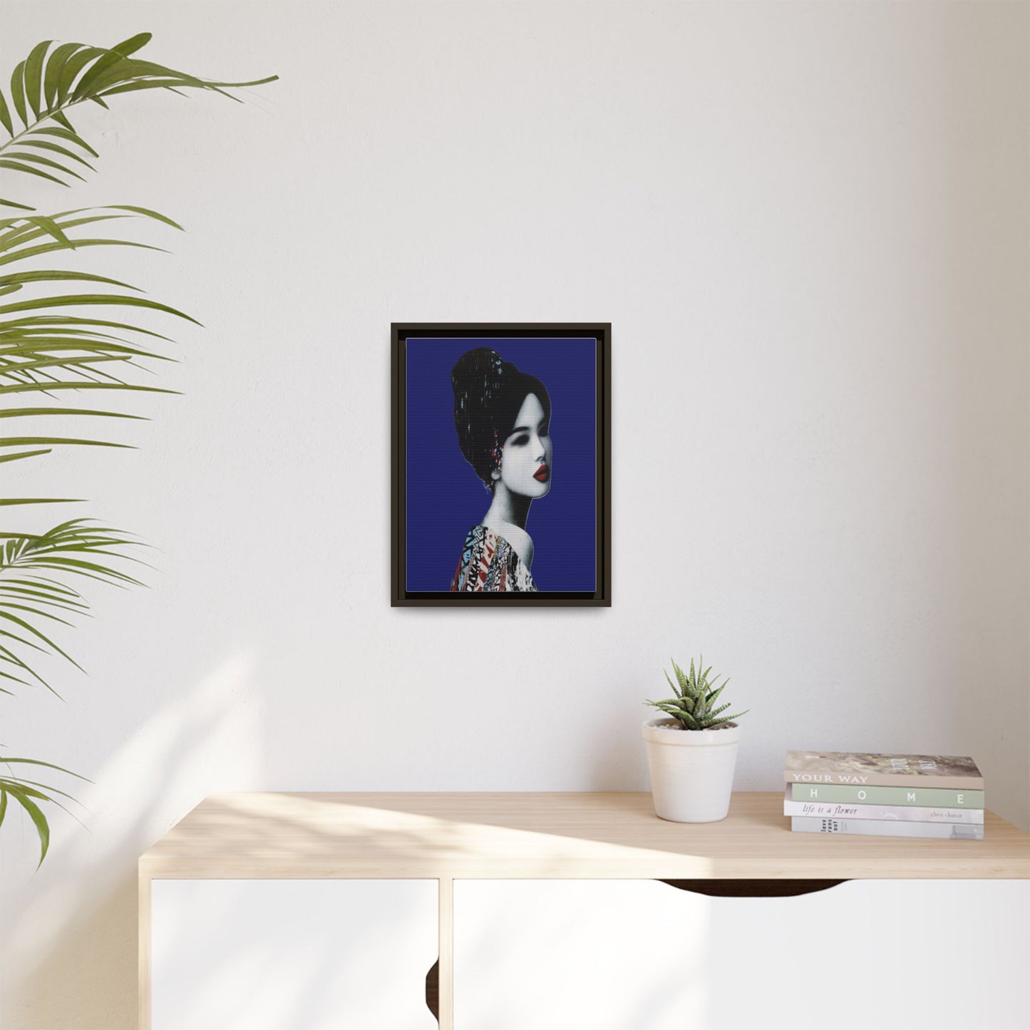 Framed Matte Canvas Art — Elegant Geisha Portrait on Deep Blue