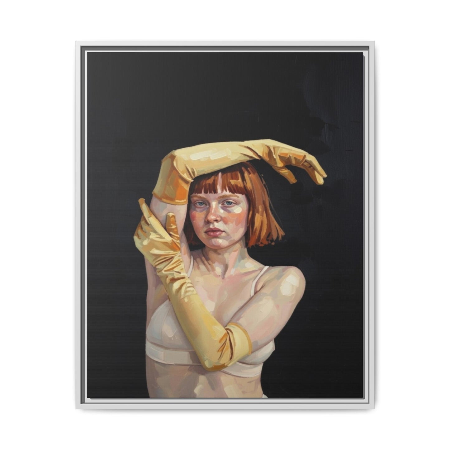 Framed Matte Canvas Art – Portrait of Woman in Yellow Gloves