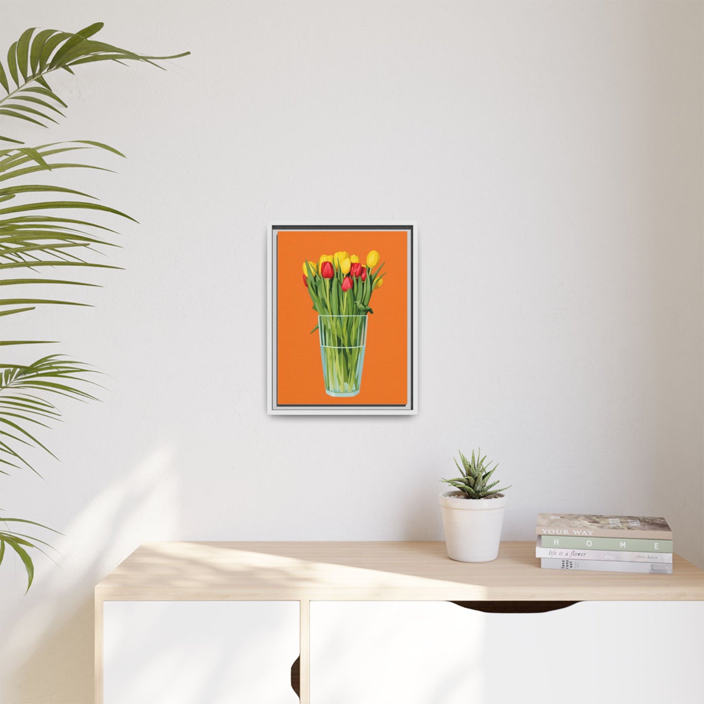 Framed Tulip Canvas Print — Colorful Tulips in Glass Vase