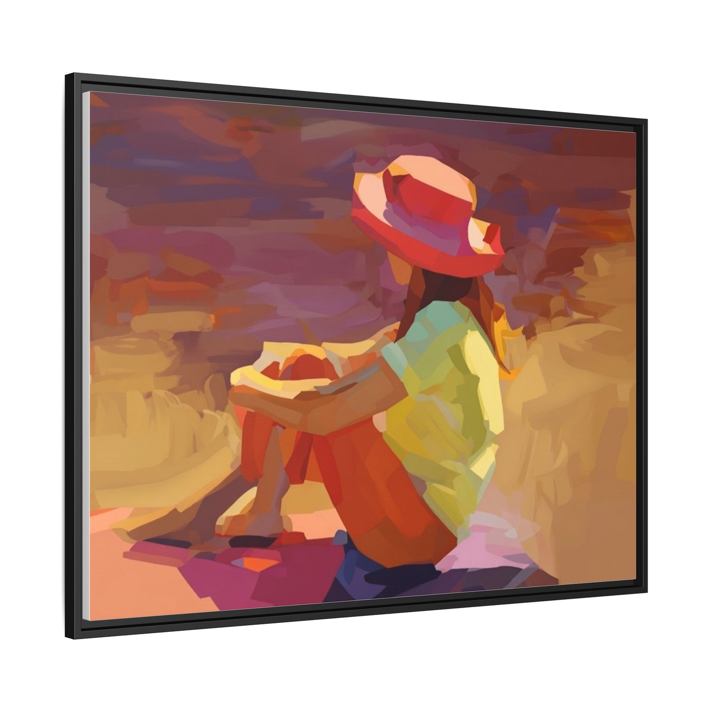 Framed Matte Canvas — Colorful Seated Girl Beach Art