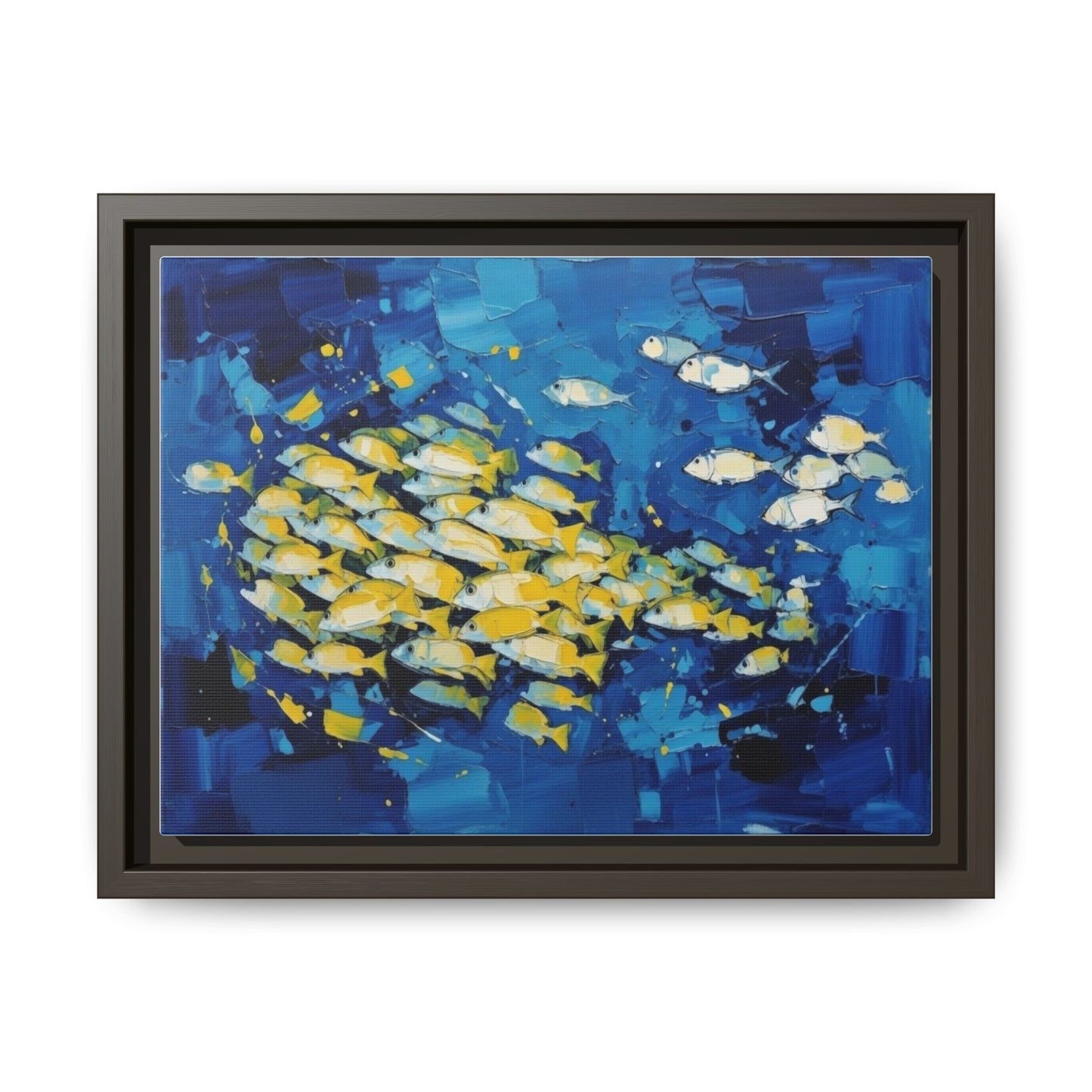 Framed Matte Canvas: Blue School of Fish Wall Art