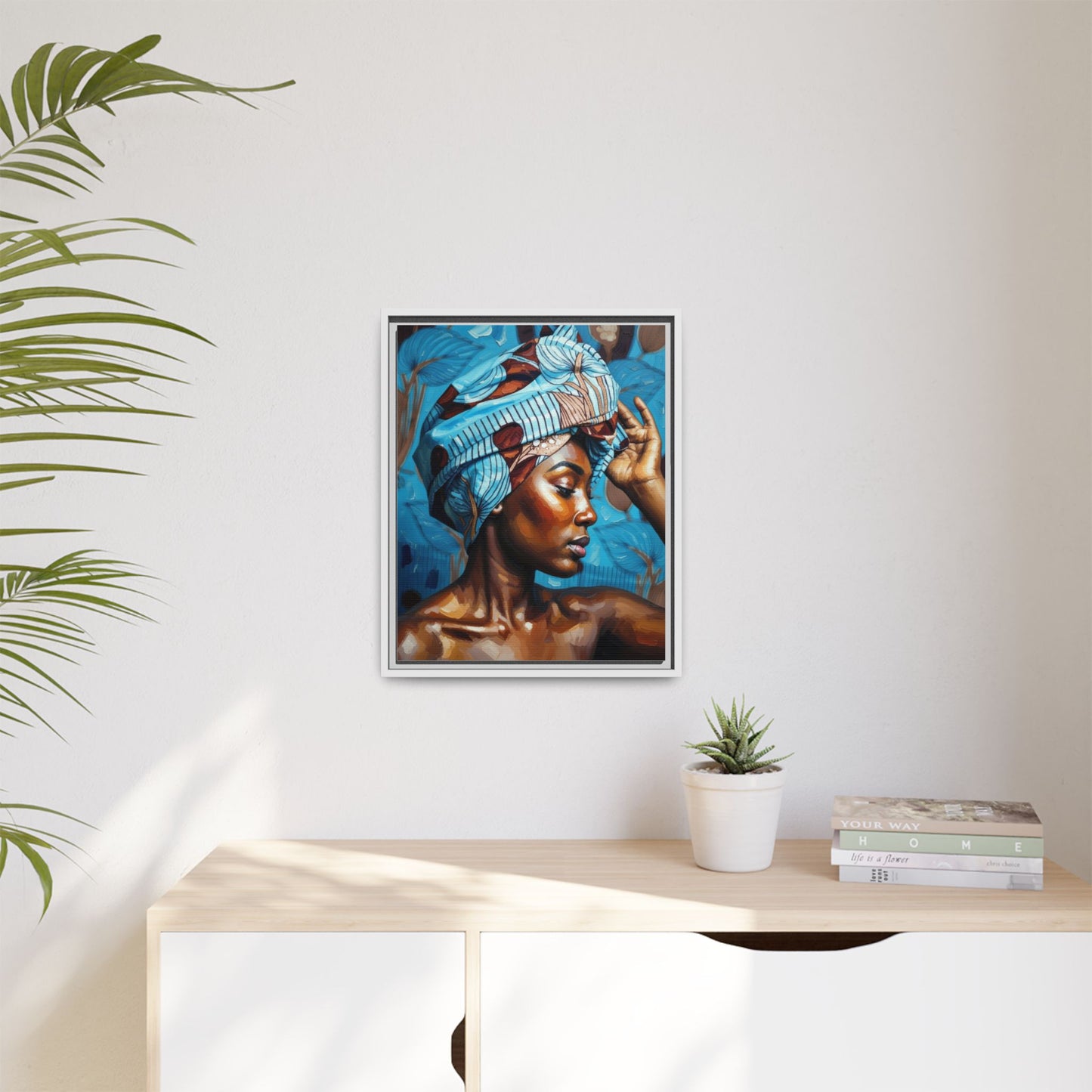 Framed Canvas Art — Portrait of Woman in Blue Headwrap