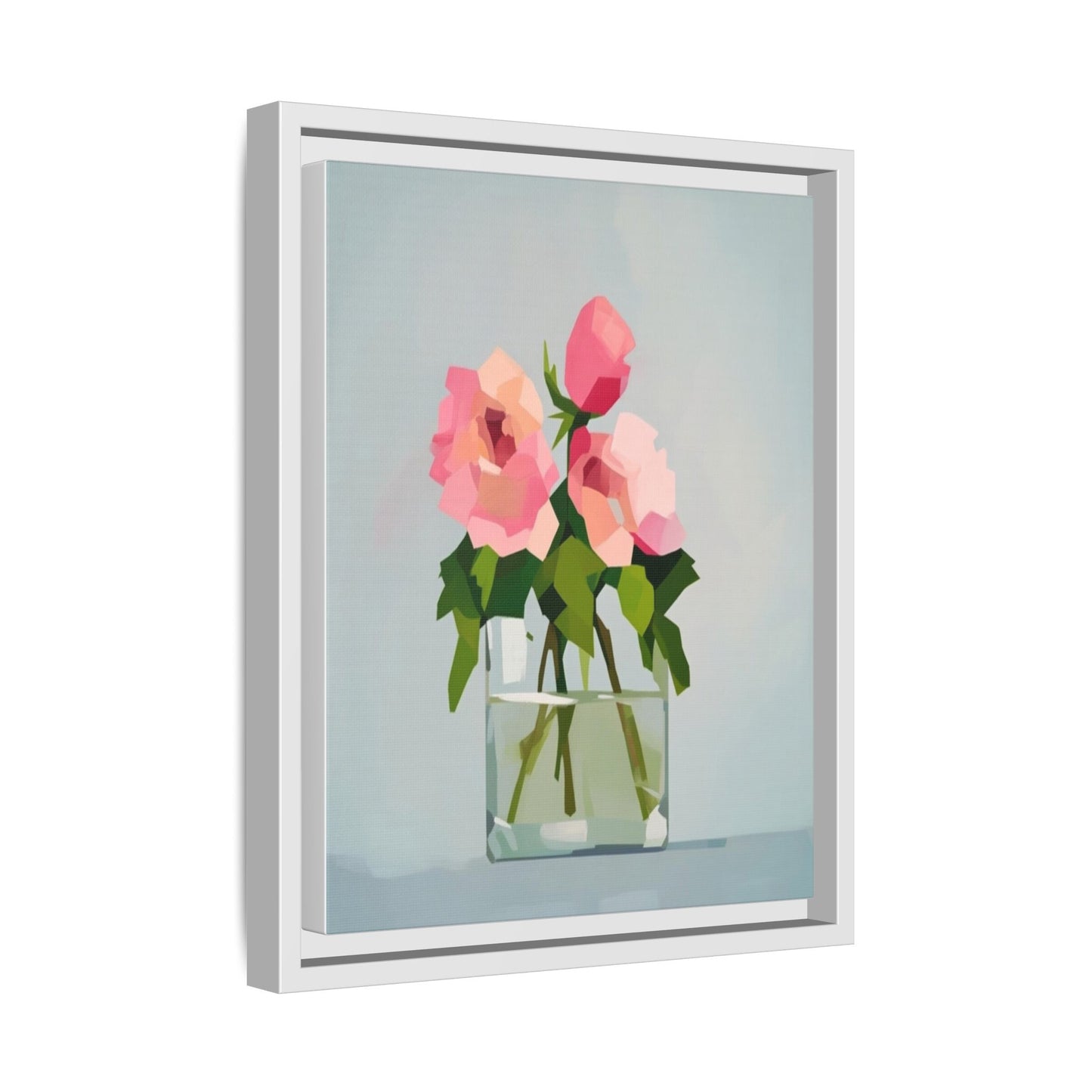 Framed Floral Canvas Print — Pink Roses in Glass Vase (Matte)