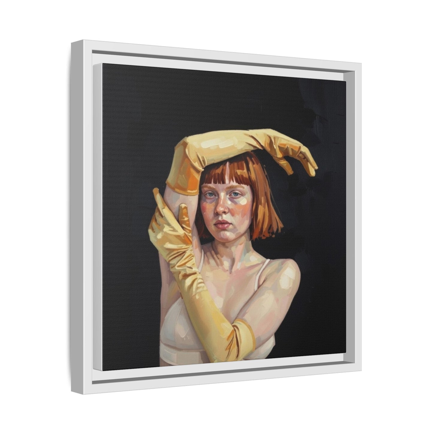 Framed Matte Canvas Art – Portrait of Woman in Yellow Gloves
