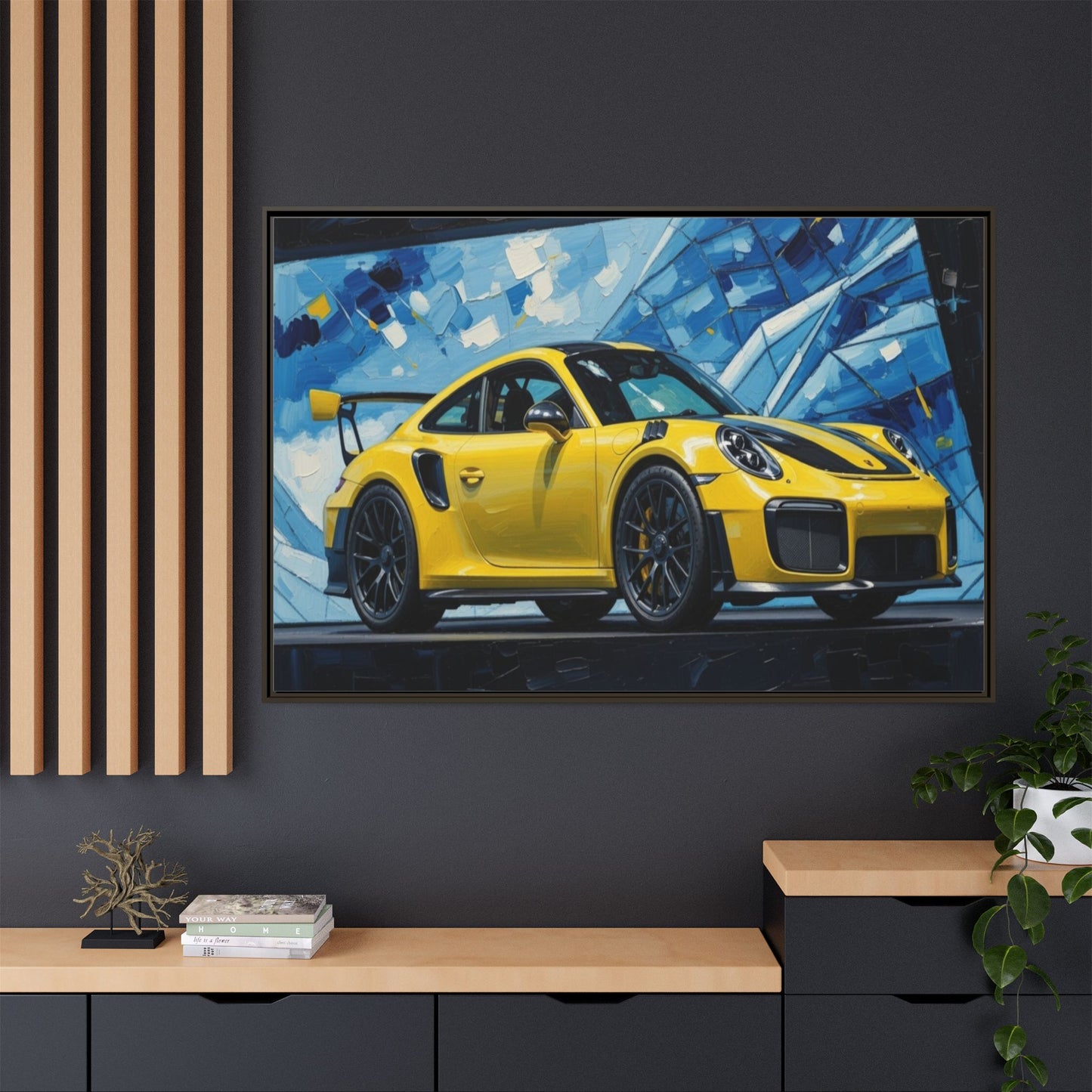 Yellow Porsche Sports Car Matte Framed Canvas – Modern Automotive Wall Art