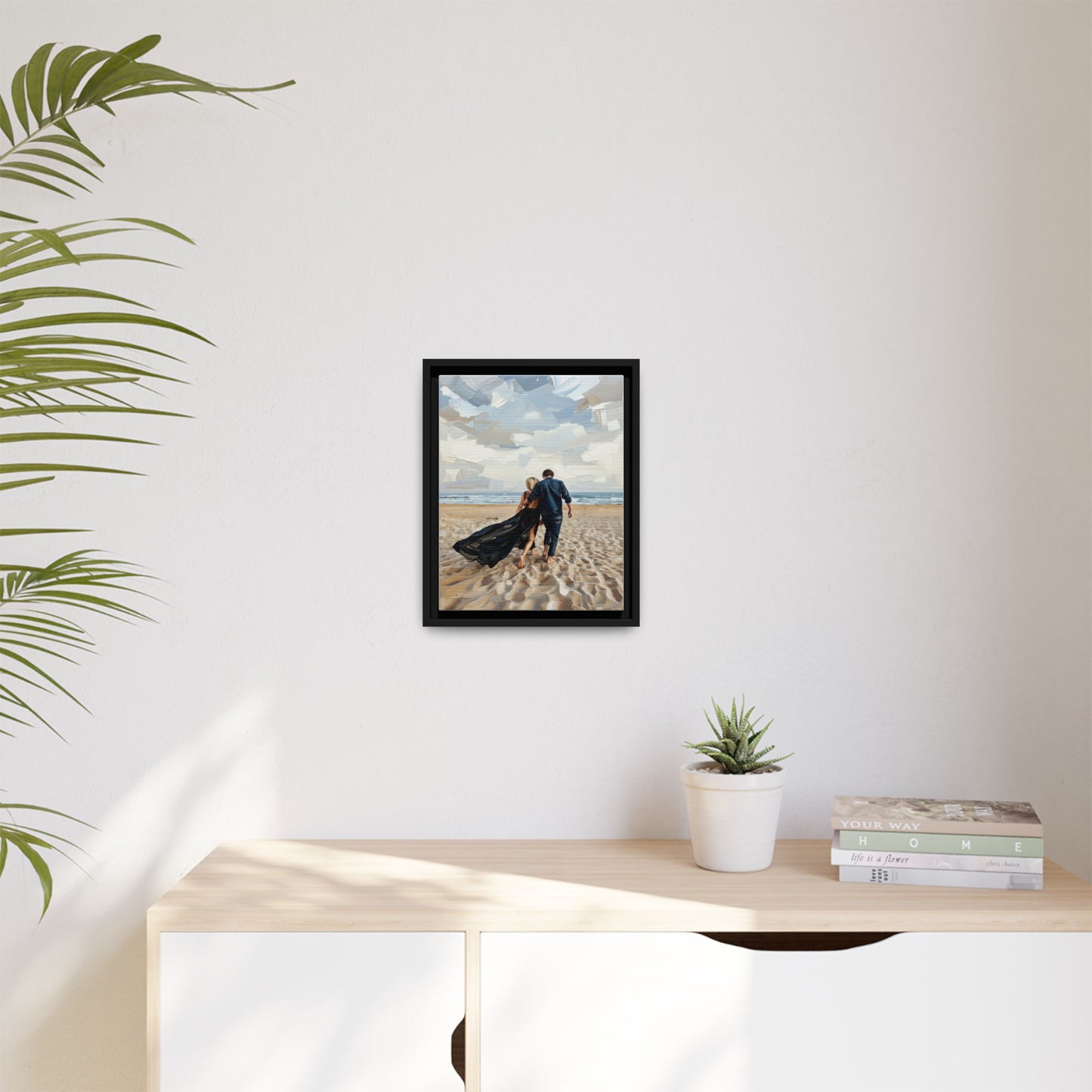 Framed Canvas Wall Art — Romantic Couple Walking on Beach Print