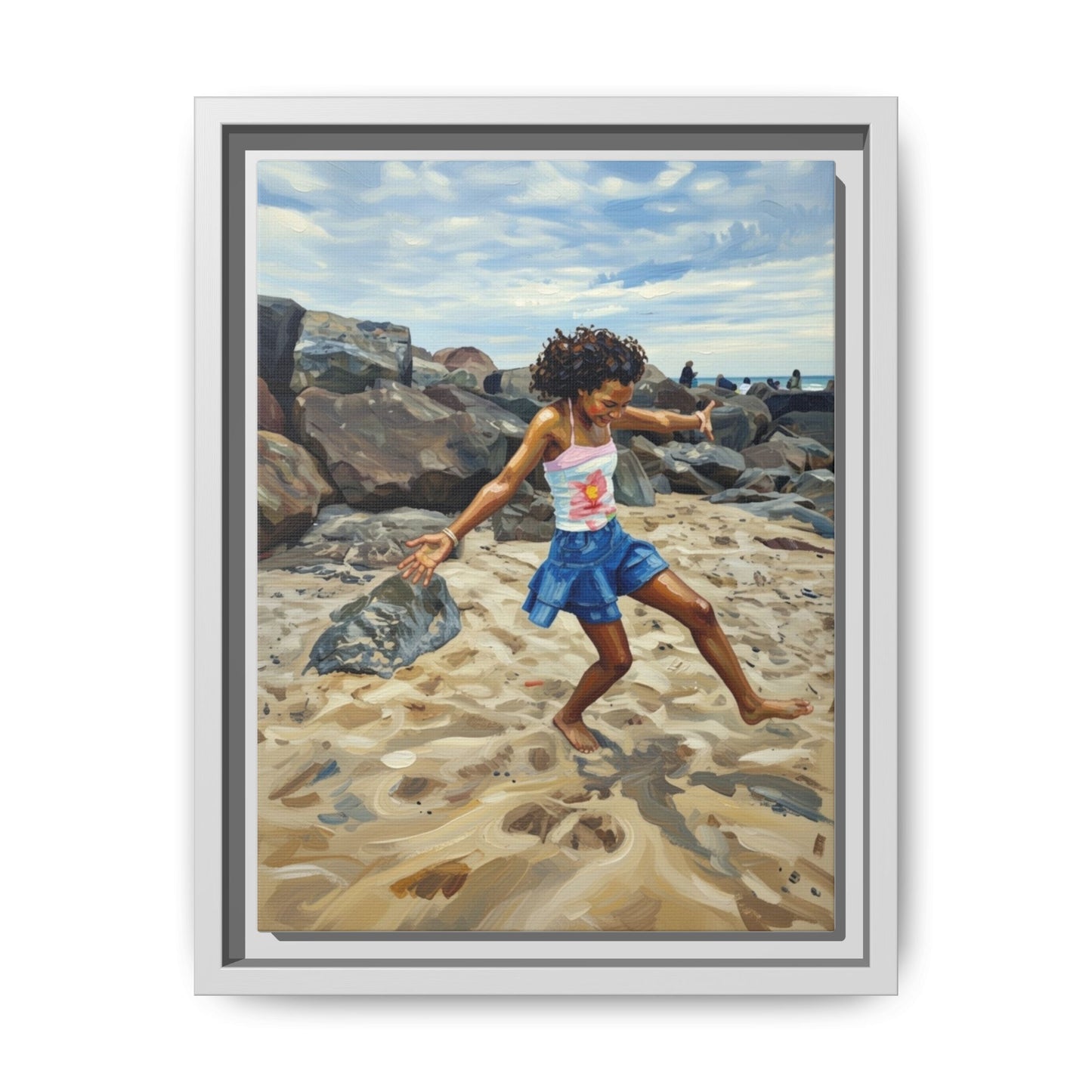 Framed Canvas Art - Girl Dancing on the Beach (Matte Multi-Color)